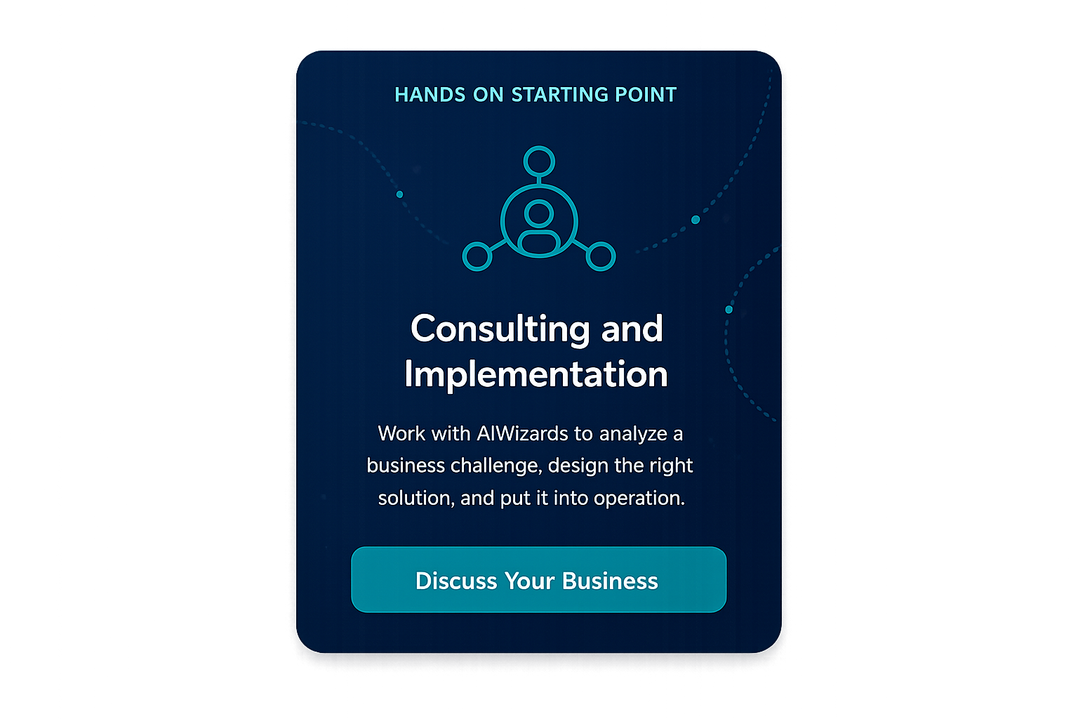 A blue digital advertisement for consulting and implementation services from AIWizards. It features a logo with interconnected circles and text inviting viewers to discuss their business.