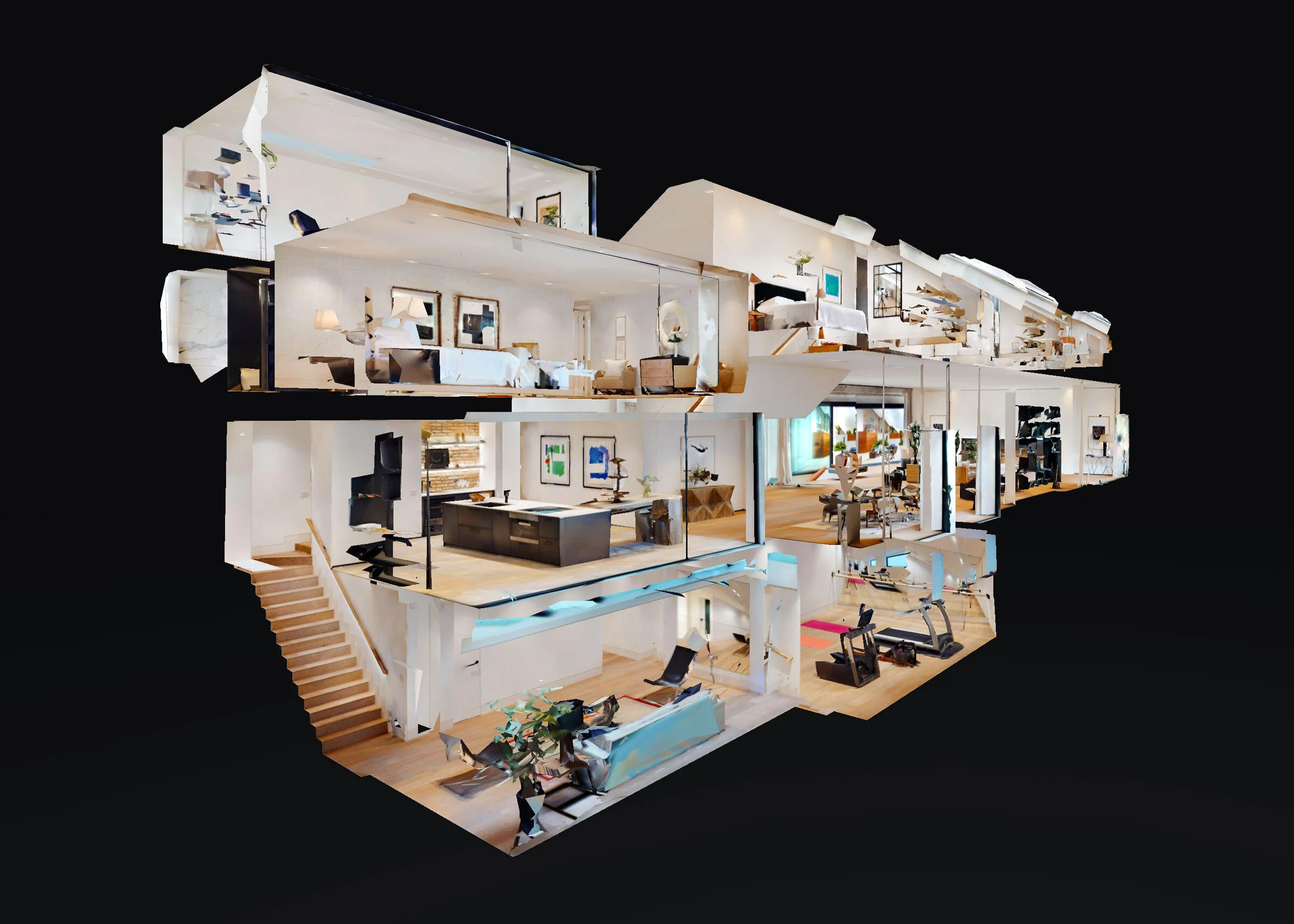 Interior 3D model of a multi-story house with rooms including living spaces, kitchen, bedrooms, bathrooms, and a home gym, showcasing furniture and decor.