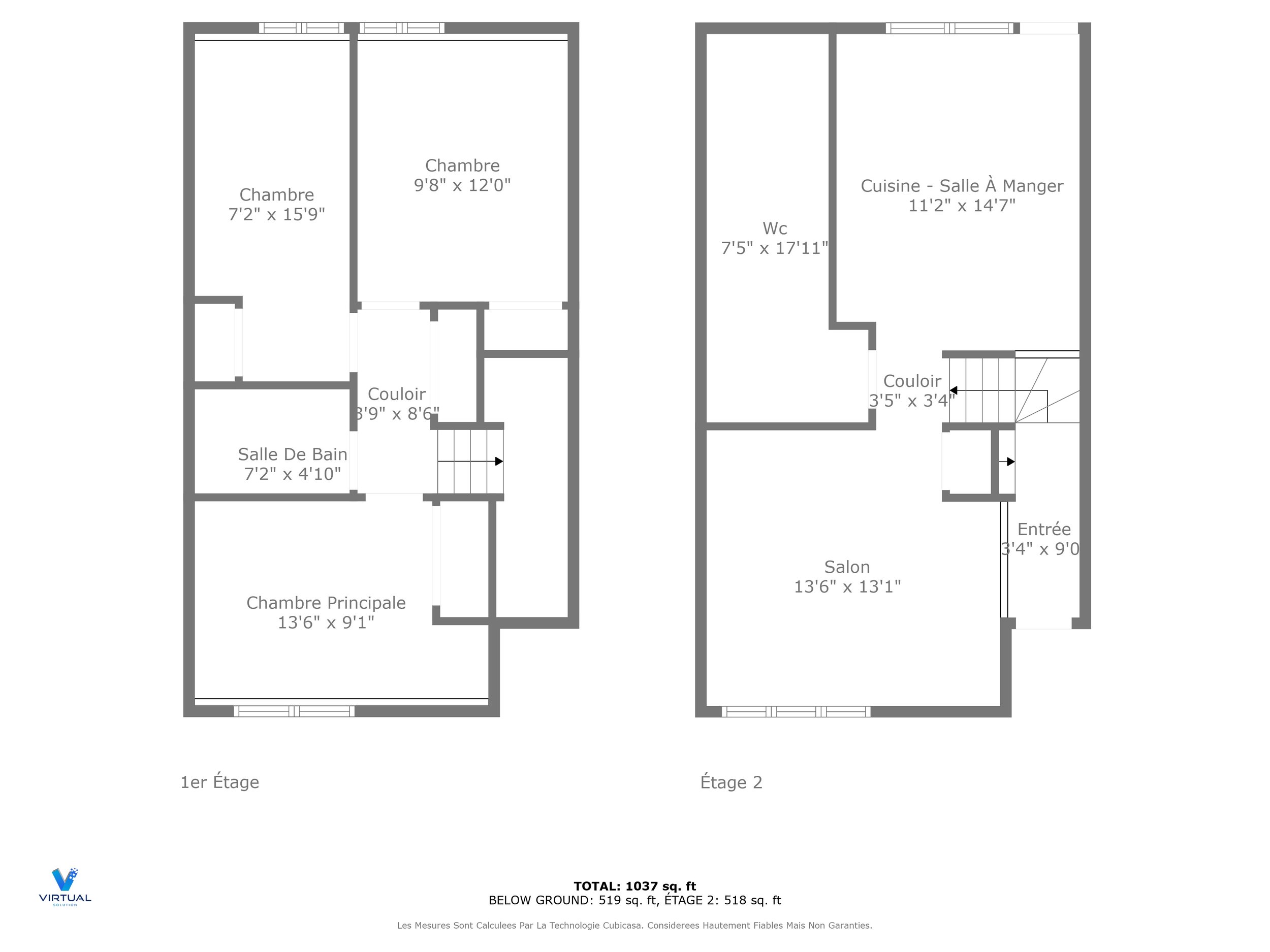 Floor plan of a two-story house showing rooms on the first and second floors, including bedrooms, bathrooms, a kitchen, and living areas with measurements.