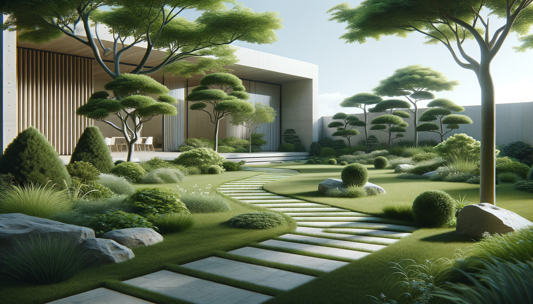 Modern backyard garden with neatly trimmed trees, shrubs, rocks, and a curved stone pathway leading to a patio with furniture, enclosed by a tall wall.