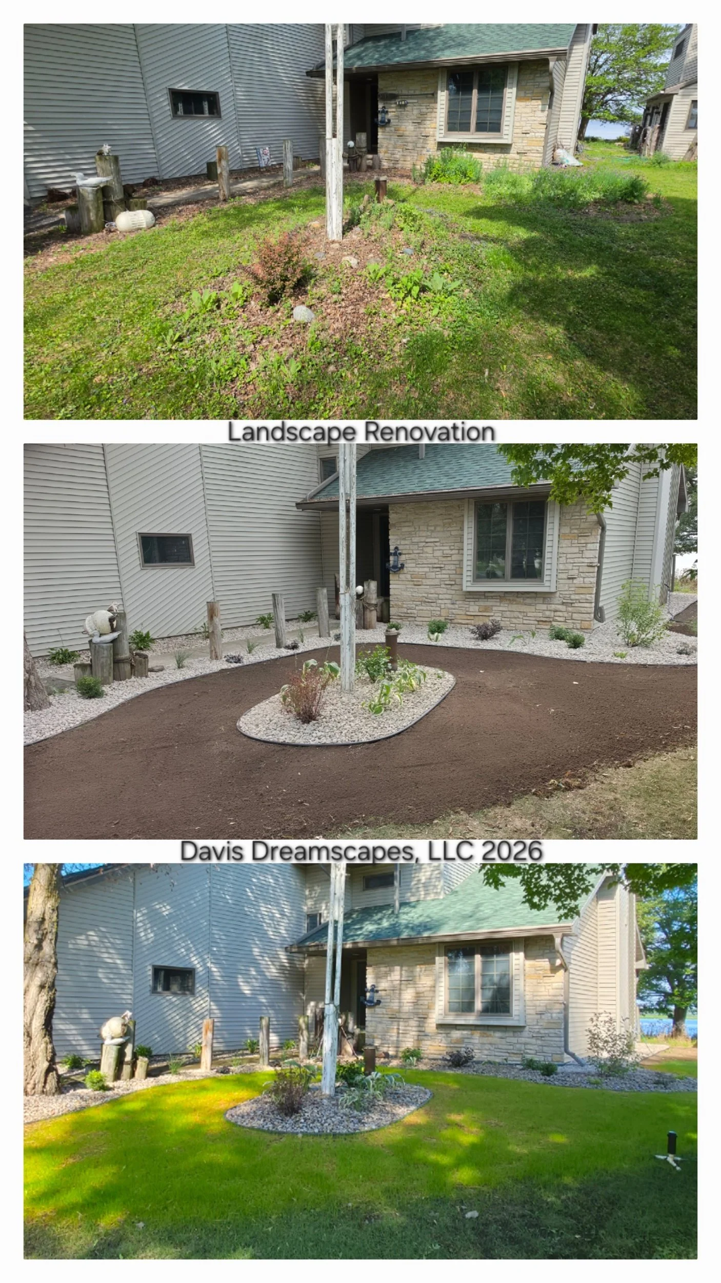 Before and after images of a house showing landscape renovation, with the yard cleaned, regraded, and reseeded with grass in the after photo.