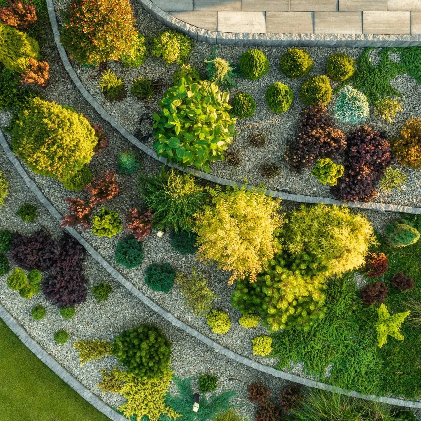 An aerial view of a landscaped garden with a variety of colorful bushes and trees separated by gravel paths.