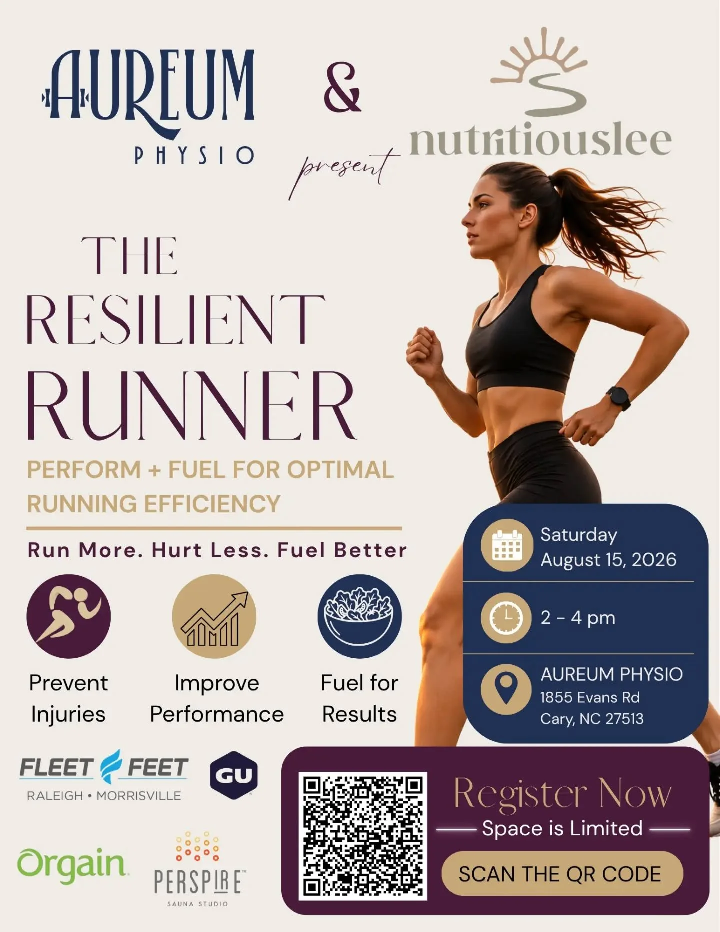 🏃&zwj;♀️ Calling all runners! 🏃&zwj;♂️

Whether you're training for your first 5K, chasing a PR, or simply looking to stay injury-free, this workshop is for you!

Join Aureum Physio and nutritiouslee for The Resilient Runner, where you'll learn how