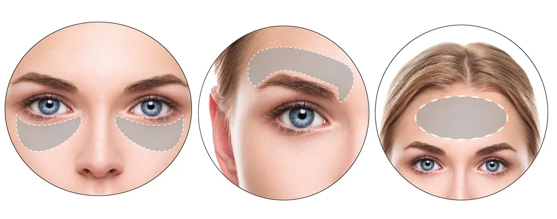 Three images showing different under-eye patches and a forehead mask for skincare.