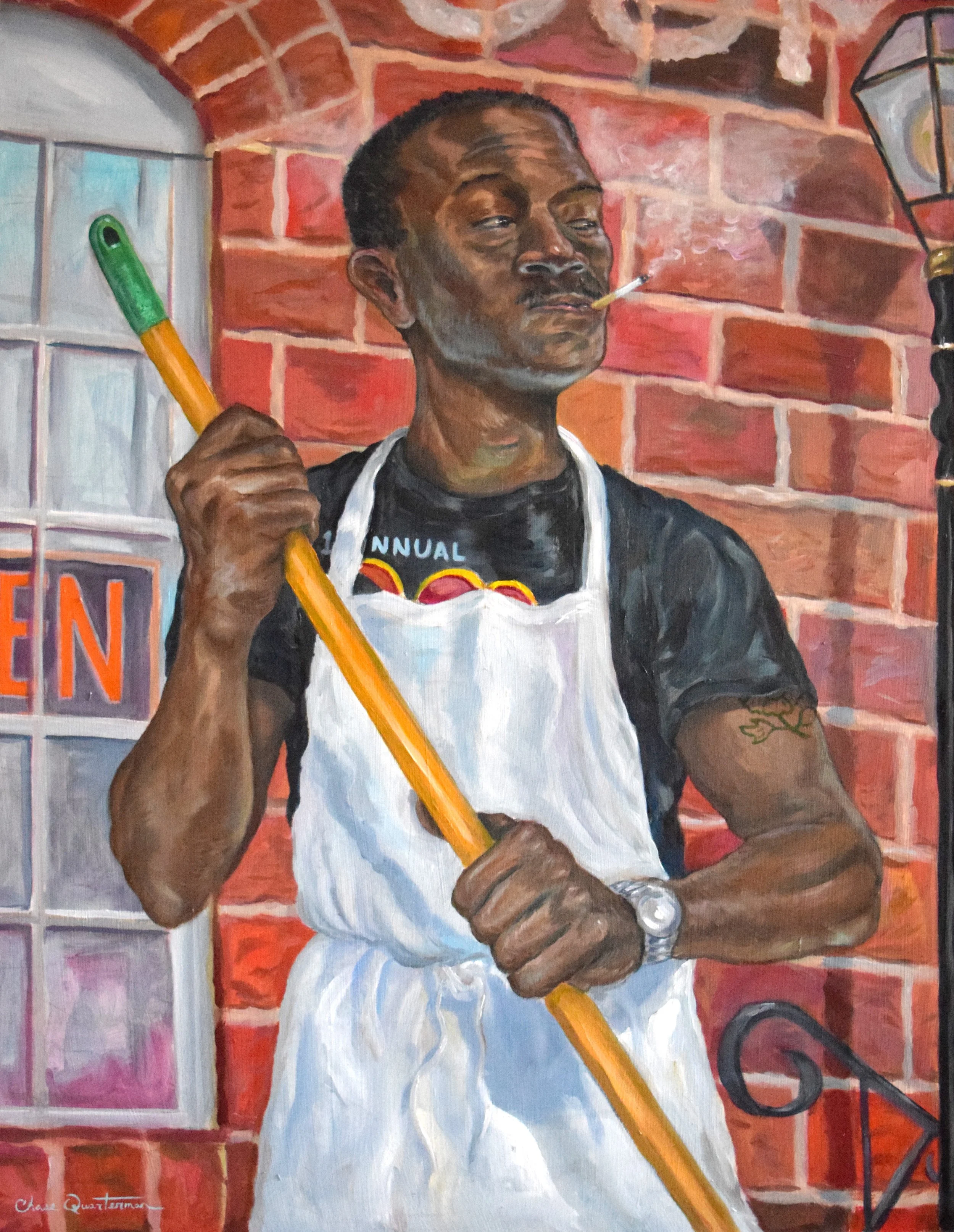 "Sweeping the Biscuit Company"—Oil on canvas, 18"x24" —$600 