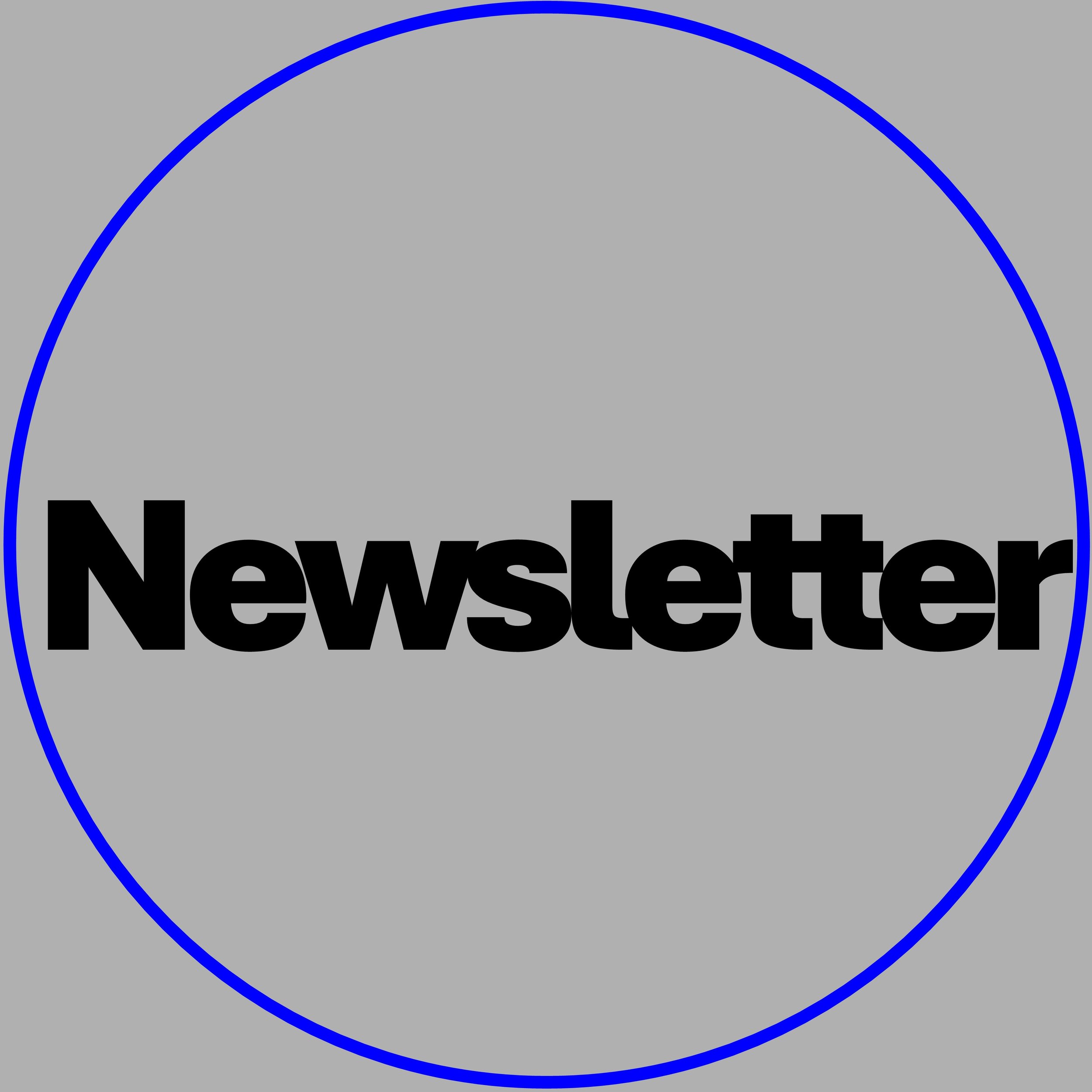Gray background with a blue circle outline and the black text 'Newsletter' in the center