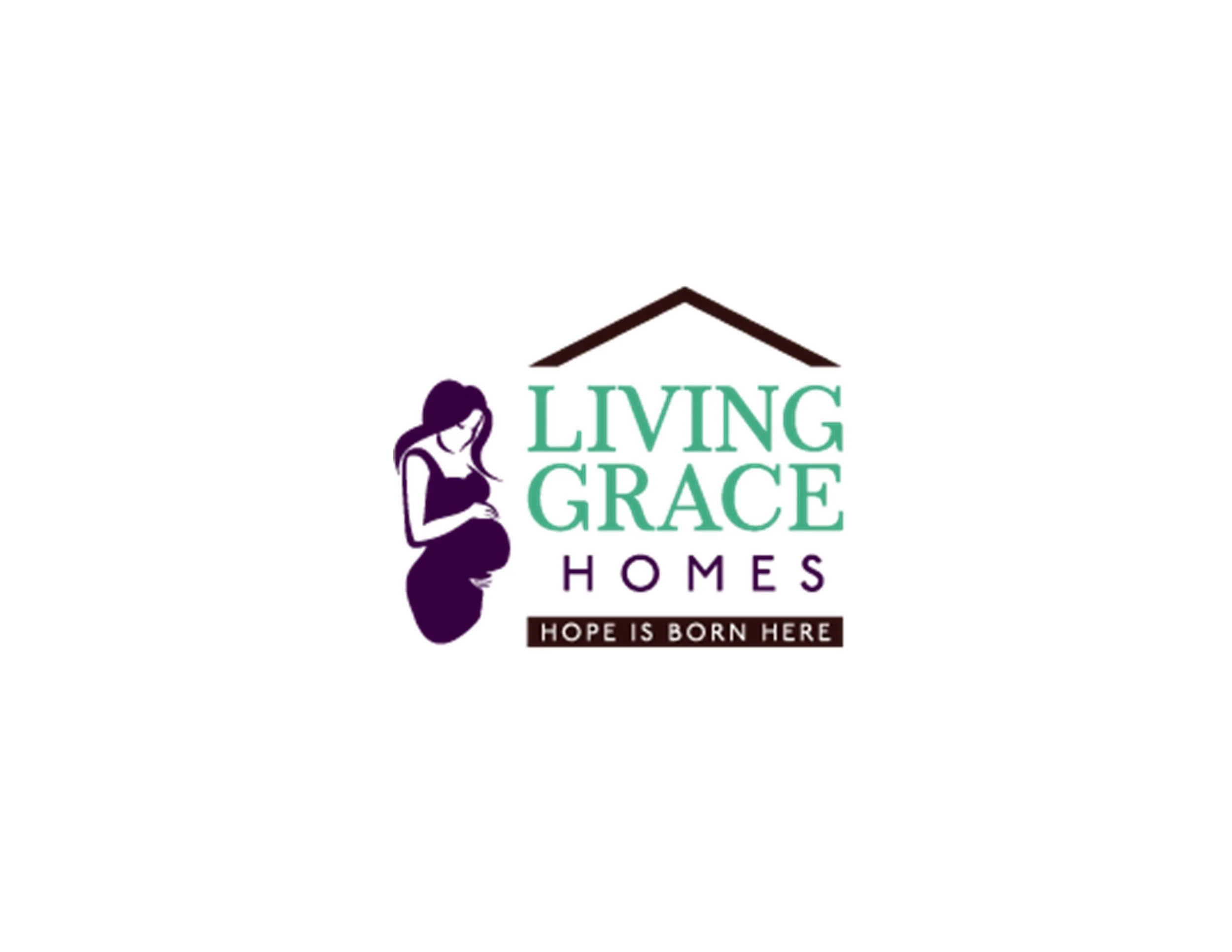 Logo for Living Grace Homes featuring a pregnant woman and a house outline with the tagline 'Hope is born here'.