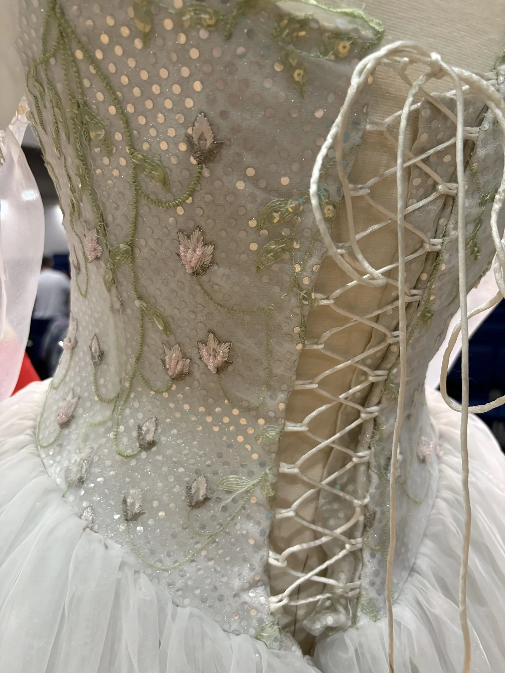 Close-up of the corseted back, showcasing the intricate construction and delicate embellishments of this magical costume piece.