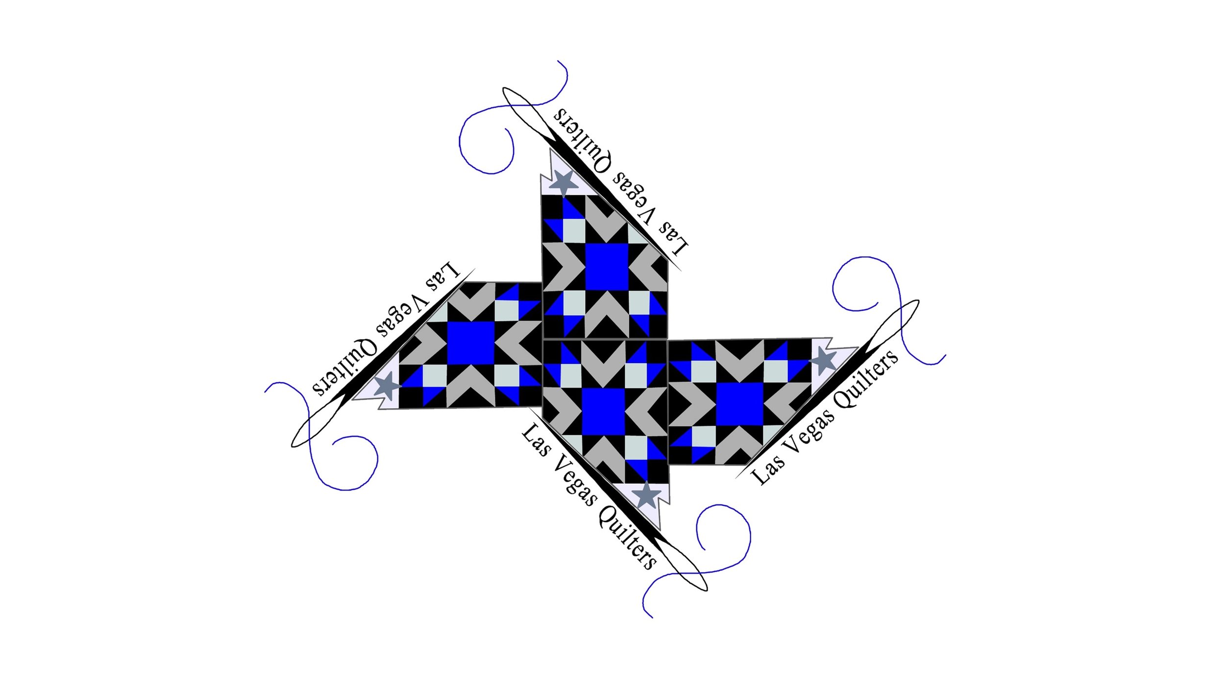 A quilt block with a star pattern made of blue, black, gray, and white fabric pieces arranged in a geometric design. The block has four arms with black edges and gray and blue fabric. Surrounding the quilt block are the words "Las Vegas Quilters" repeated along the edges, with decorative purple swirls extending from each side.
