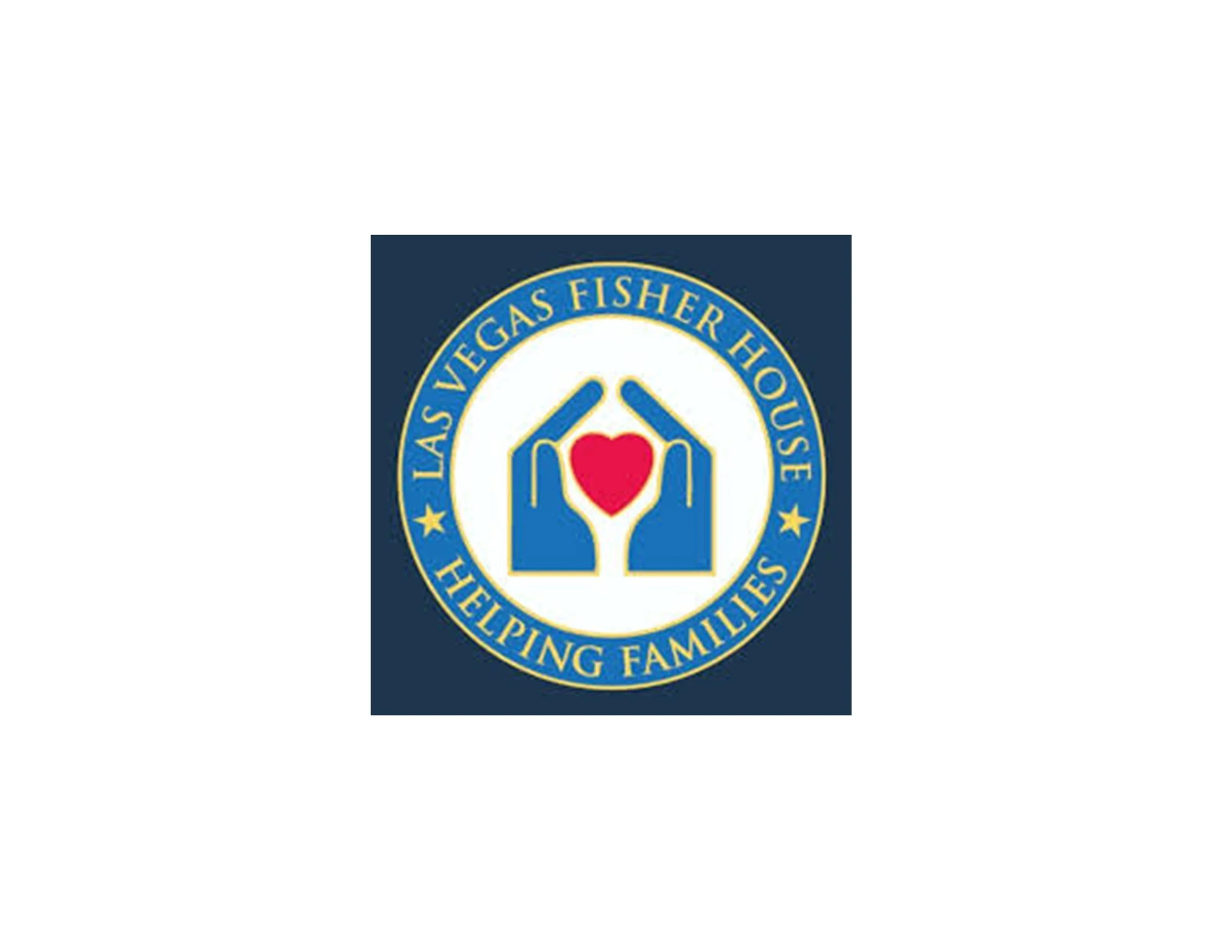 Logo for Las Vegas Fisher House, featuring two blue hands forming a house shape around a red heart, with a blue and gold circular border containing the text 'Las Vegas Fisher House Helping Families'.