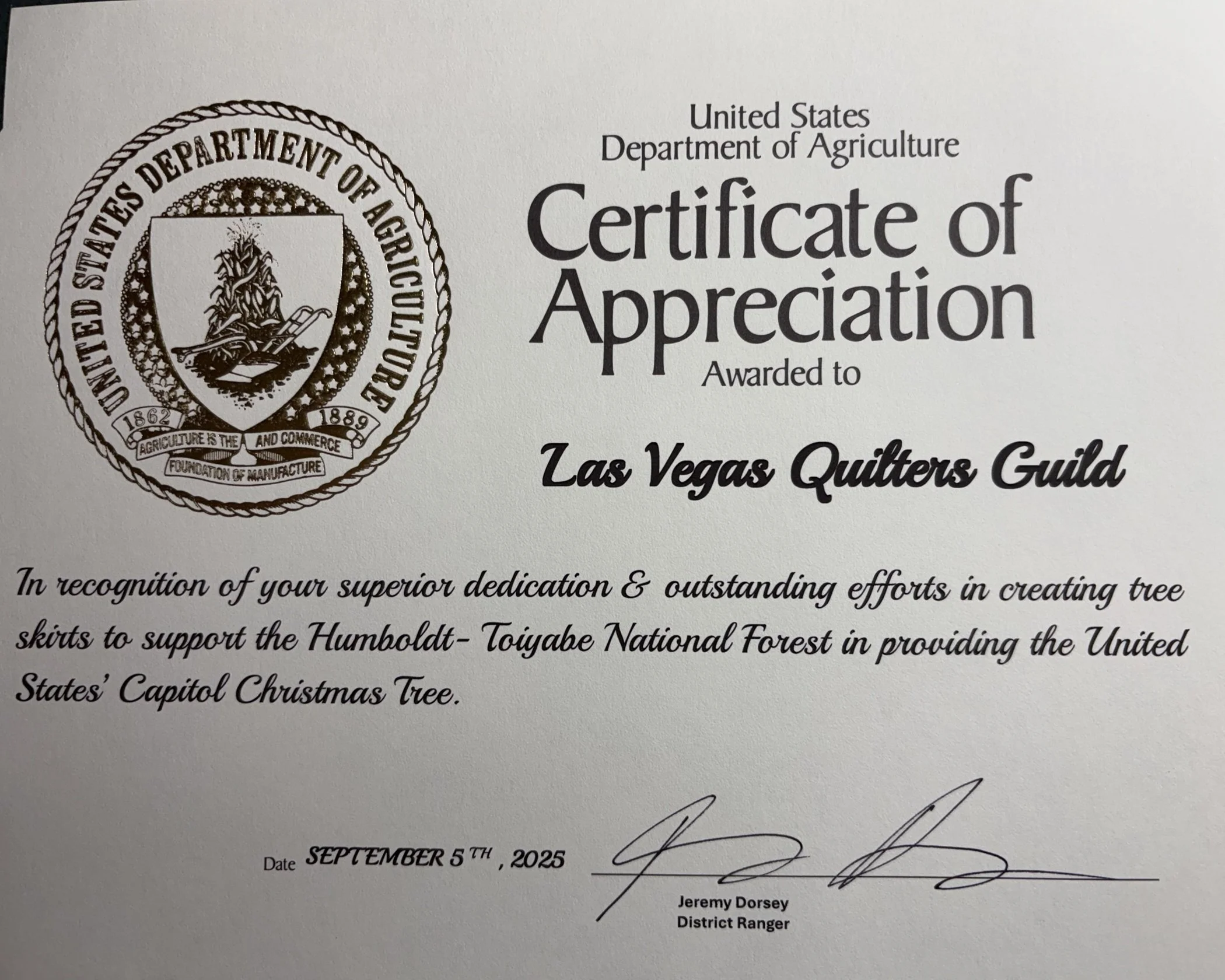 Certificate of Appreciation from the US Department of Agriculture. 