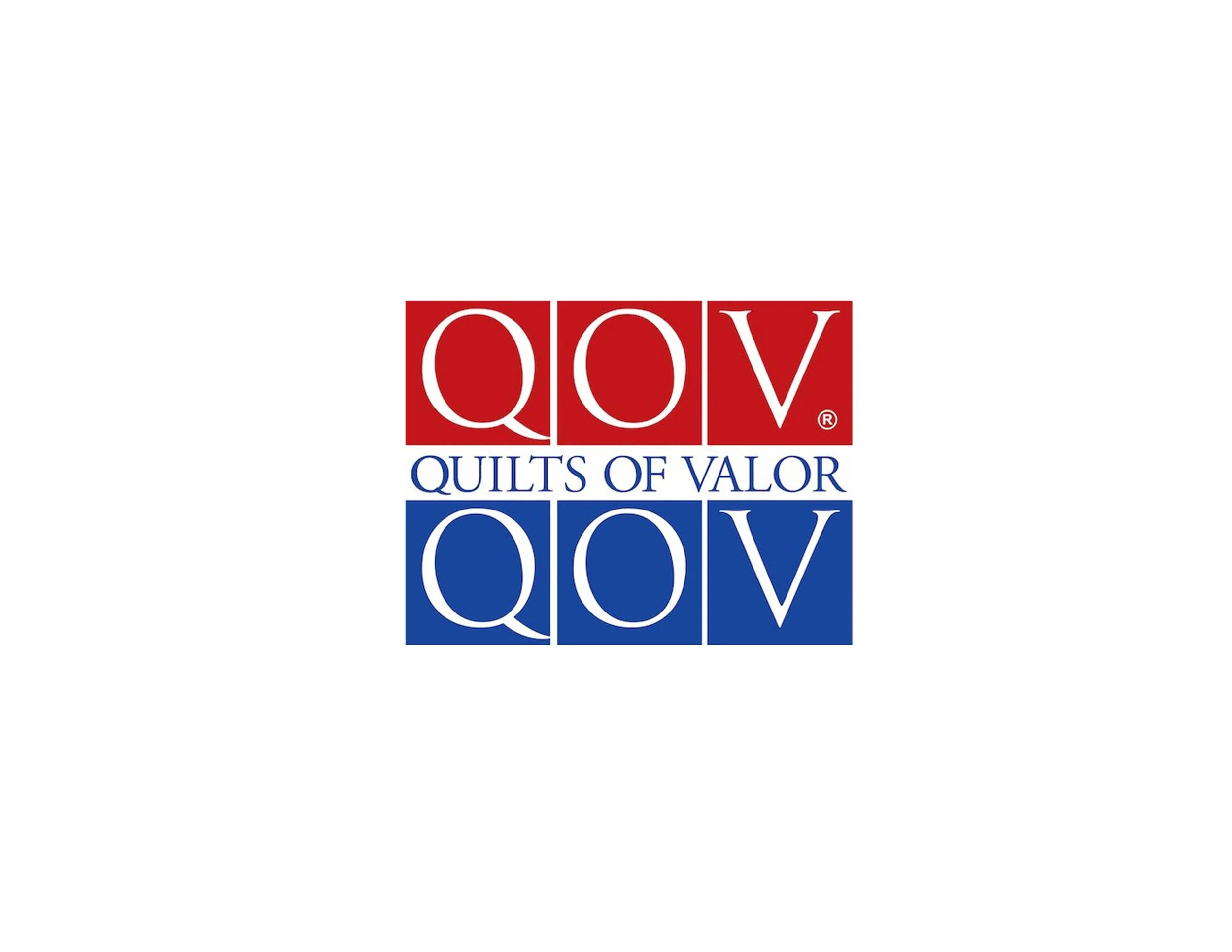 Logo for Quilts of Valor with red and blue squares containing the initials QOV and the full name Quilts of Valor.