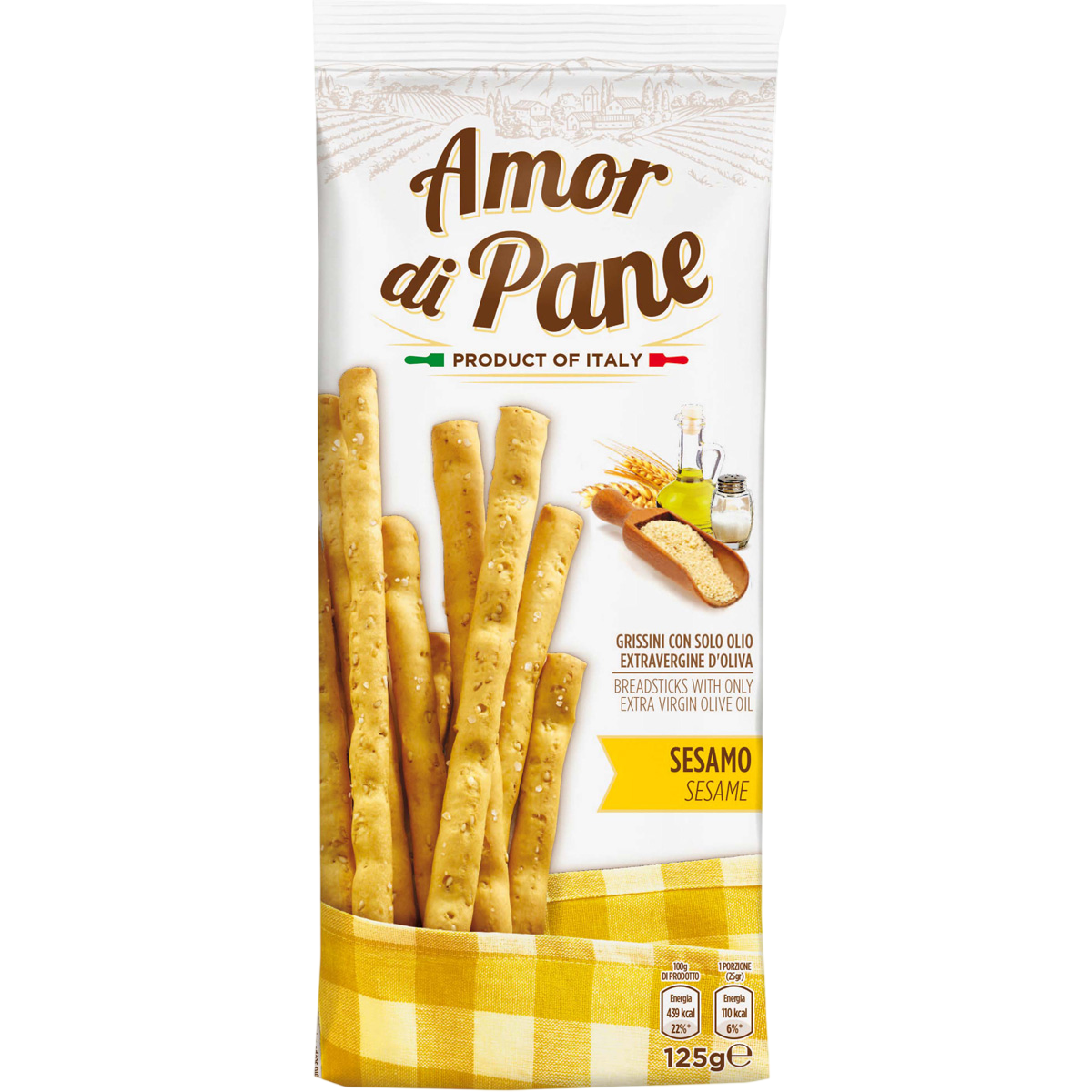 Amor di Pane Knusprige Grissini mit Olivenöl & Sesam 125 g – Italienische Snack‑Brotstangen