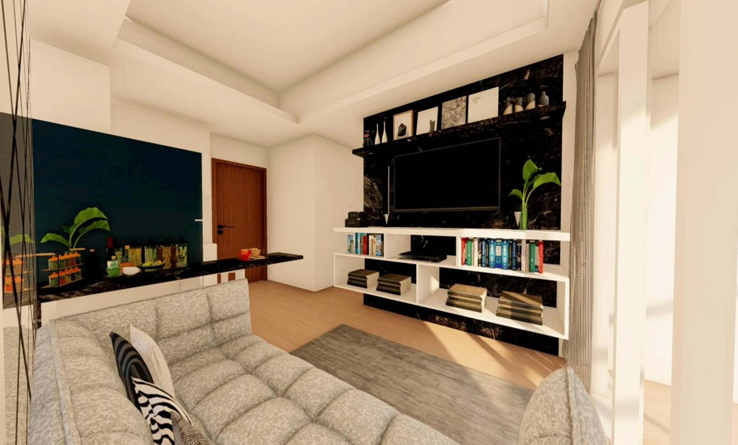 Living room with beige sectional couch, black and white throw pillows, white bookshelf with books and decorative items, mounted flat-screen TV on a black marble wall, small plants, and a doorway with beige curtains.