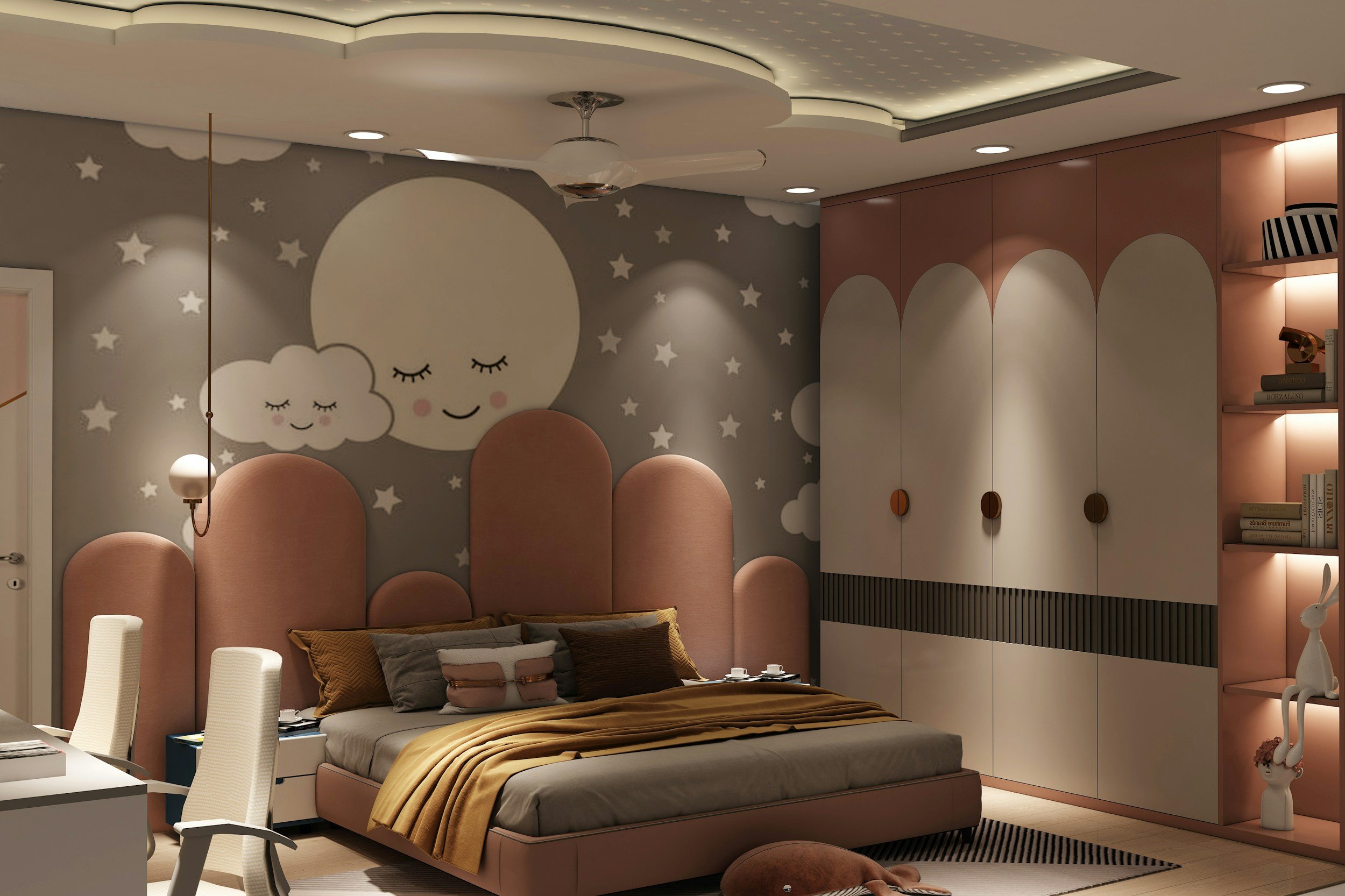 A bedroom with a pink tufted headboard, cloud and moon wall art, and star wallpaper. There are beige curtains and a large wardrobe with rounded panels. A bed with brown and gray pillows and a mustard blanket. To the right, a shelving unit with books 
