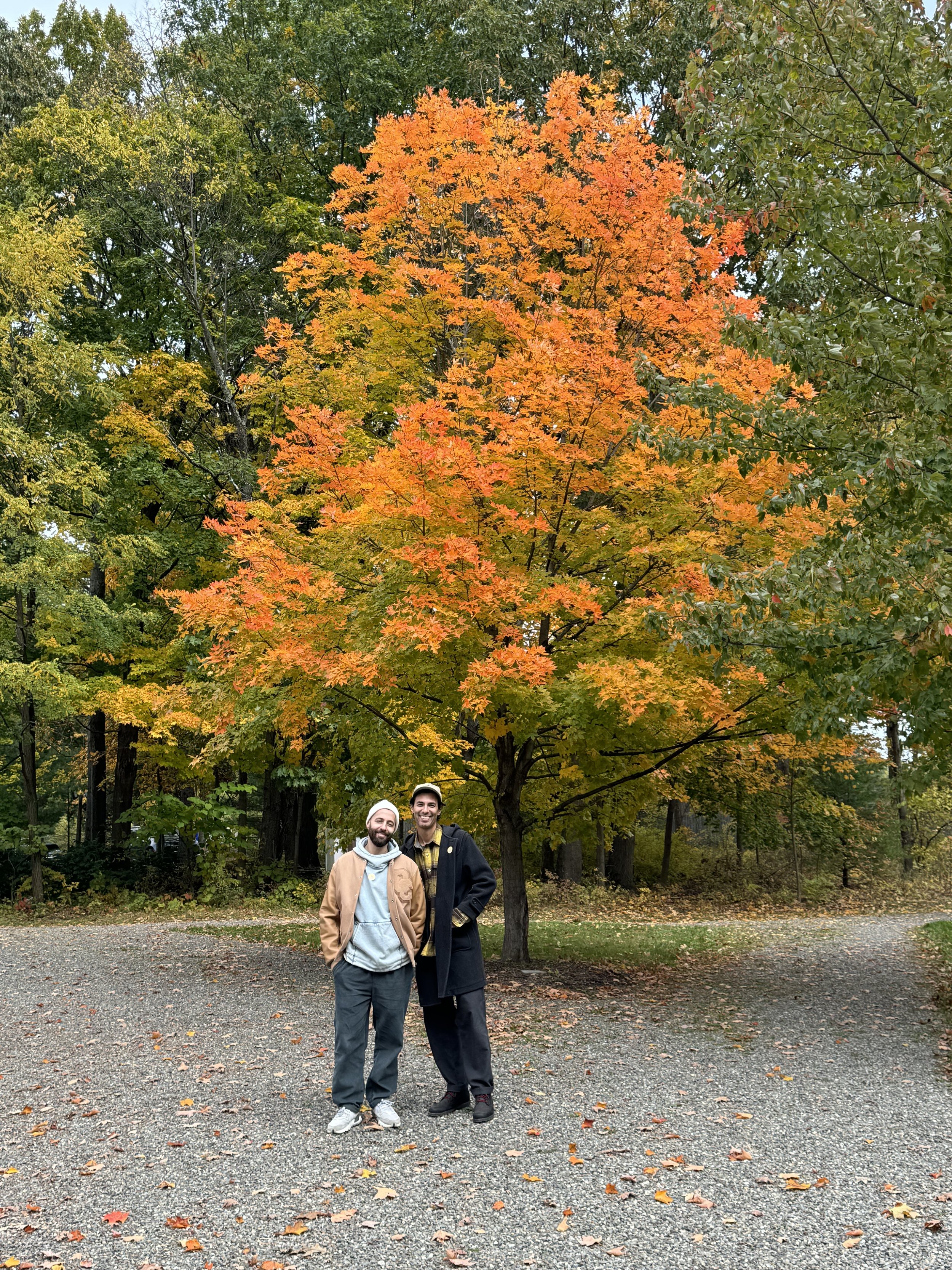 Two men smiling and standing outdoors on a gravel path in front of a colorful autumn tree with orange, yellow, and green leaves.