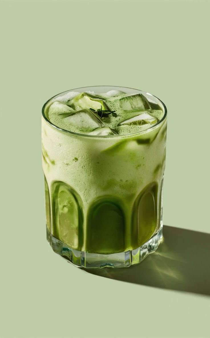 A glass of green matcha latte with ice cubes on a light green background.