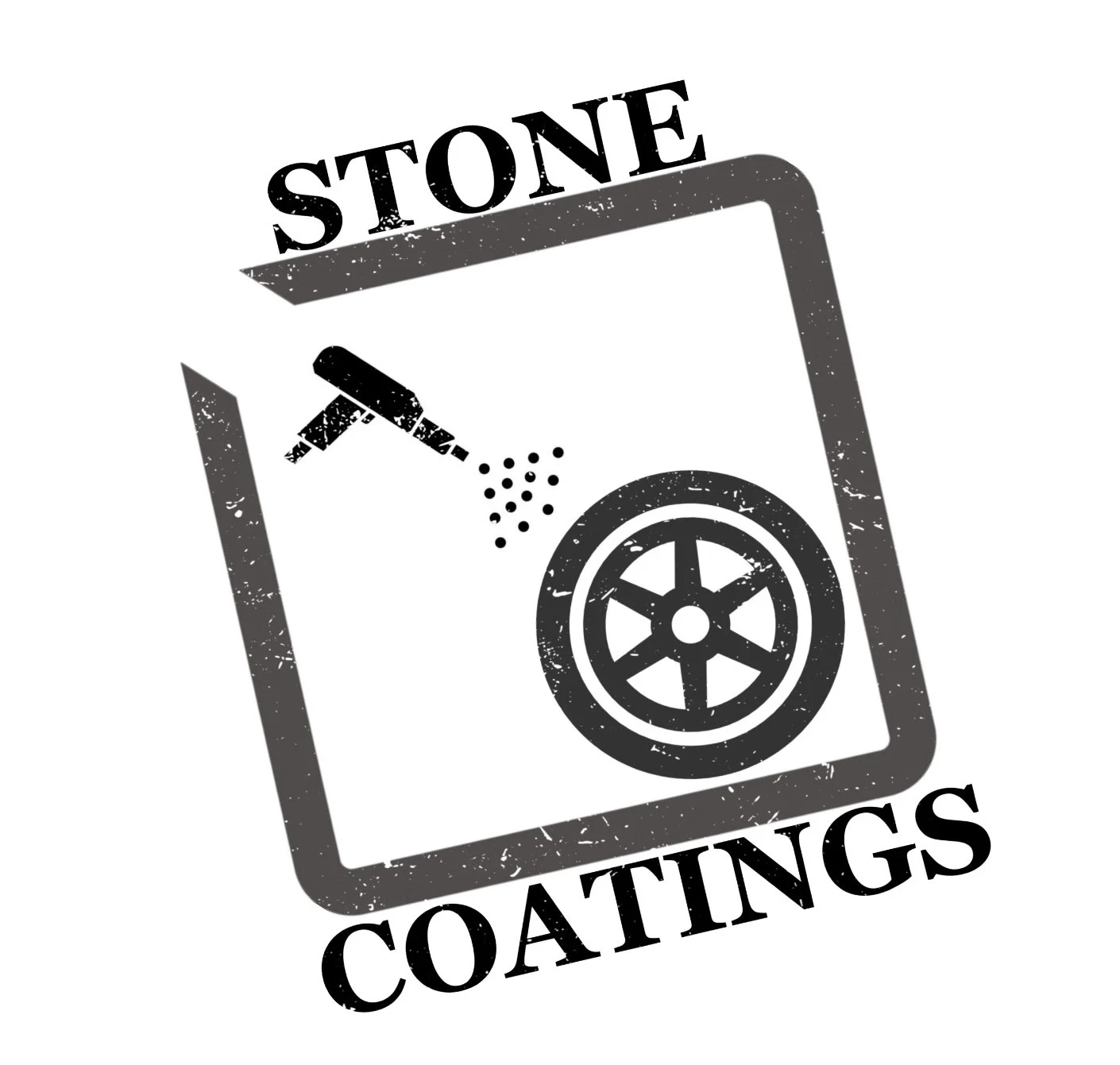 Logo of Stone Coatings featuring a wheel and a spray gun in black and gray with a distressed style.