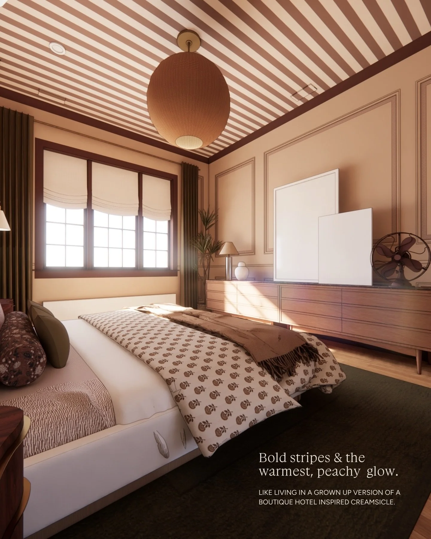 On the boards.
⠀⠀⠀⠀⠀⠀⠀⠀⠀
This one manages to be bold and deeply calming at the same time. We started with a classic Fan bedroom shell and layered in personality &mdash; a striped ceiling for a little drama, tailored wallpaper borders (we&rsquo;re ful