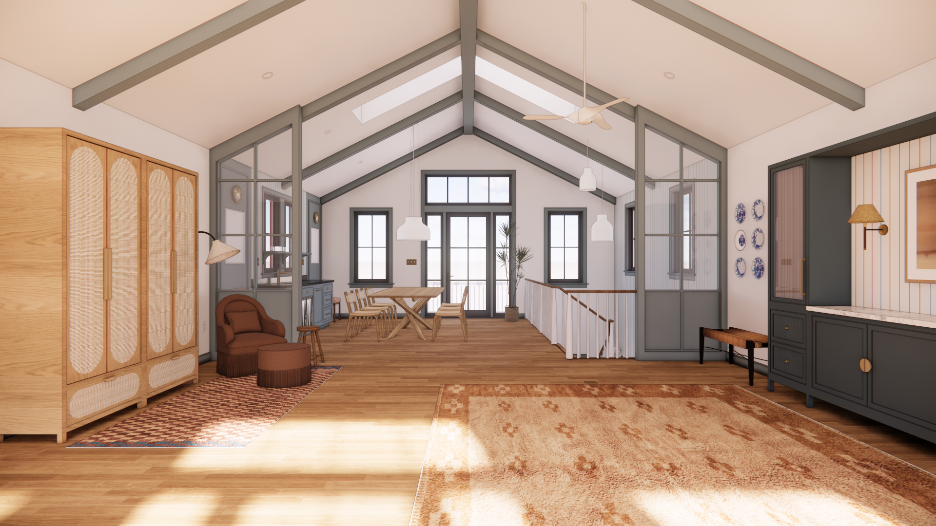 Bright living room with high vaulted ceiling, skylights, large windows, wooden floors, a dining table with chairs, and a cozy seating area with an armchair, ottoman, and a rug.