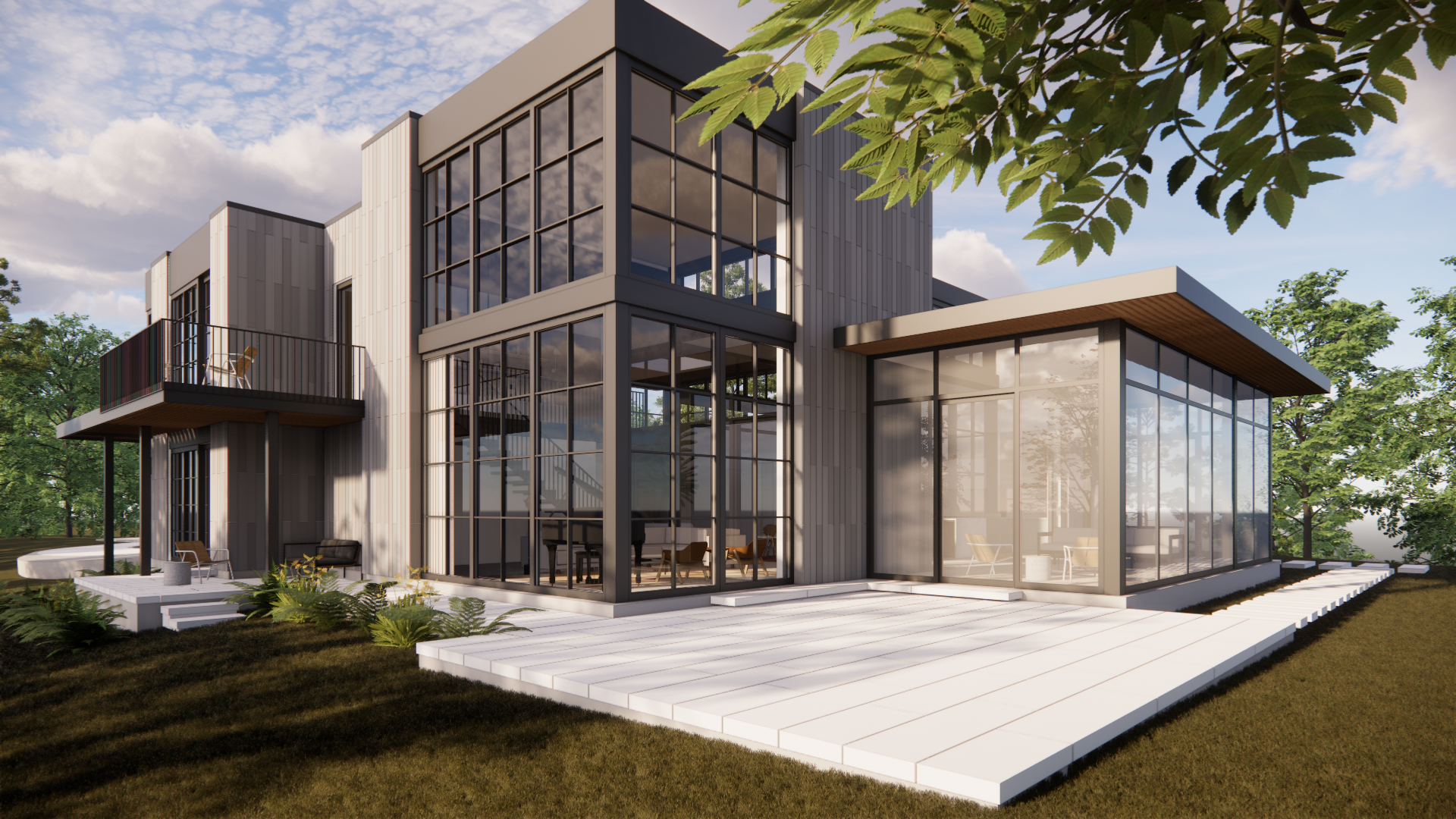 Modern waterfront two-story  house in the Northern Neck of Virginia with large glass windows and a spacious outdoor patio in a lush green setting.