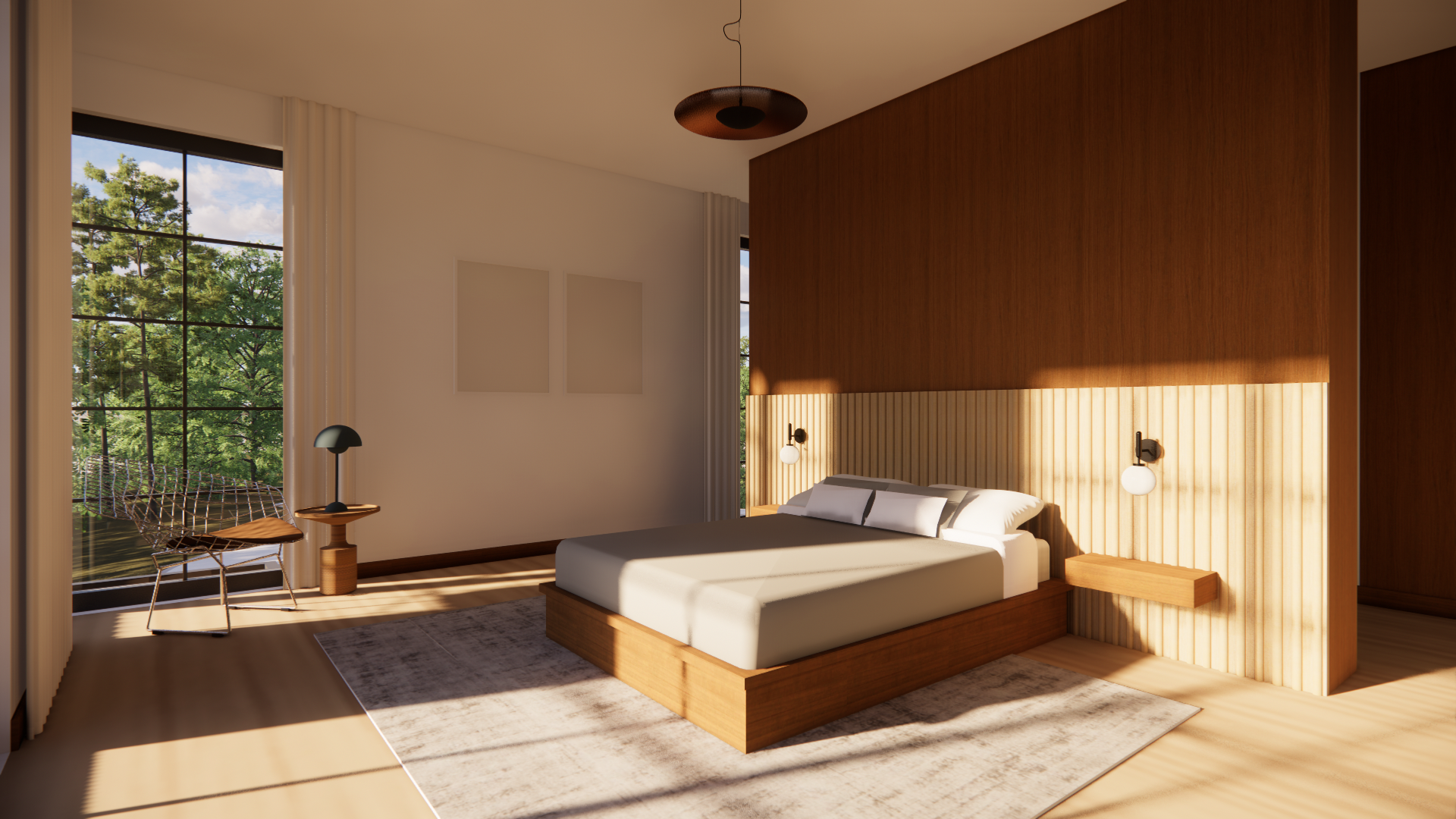 Modern waterfront bedroom with a large bed, wooden headboard and wall panel, bedside lamps, a contemporary cozy reading chair near a window, and natural light streaming in.