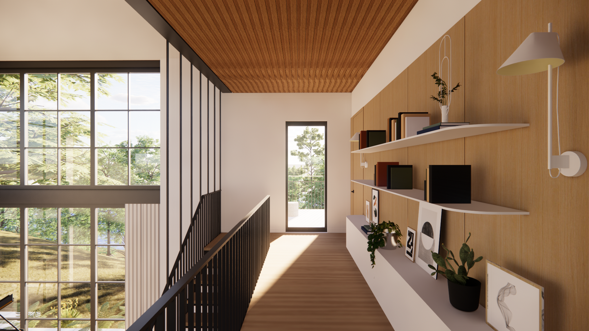 Interior view of a modern home hallway with a wooden ceiling, white walls, a sliding glass door leading to an outdoor balcony, and a wall with white shelves holding books and decor, with some framed art and plants.