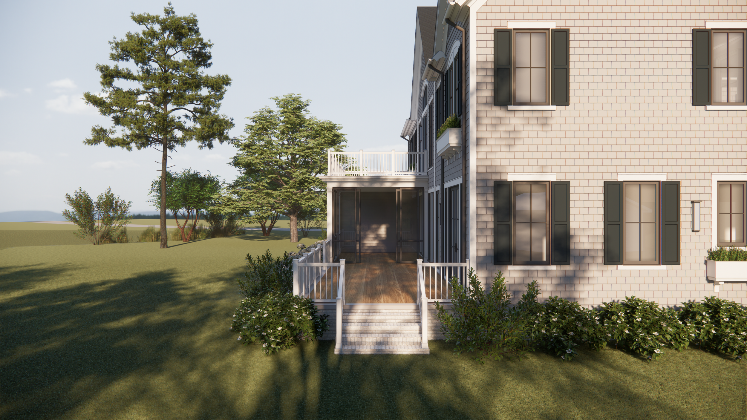A large, two-story coastal Cape Cod inspired house in the Northern Neck of Virginia with a modern design, pearl gray exterior, black window frames, dark hunter green shutters and a spacious deck, surrounded by a lawn and trees.