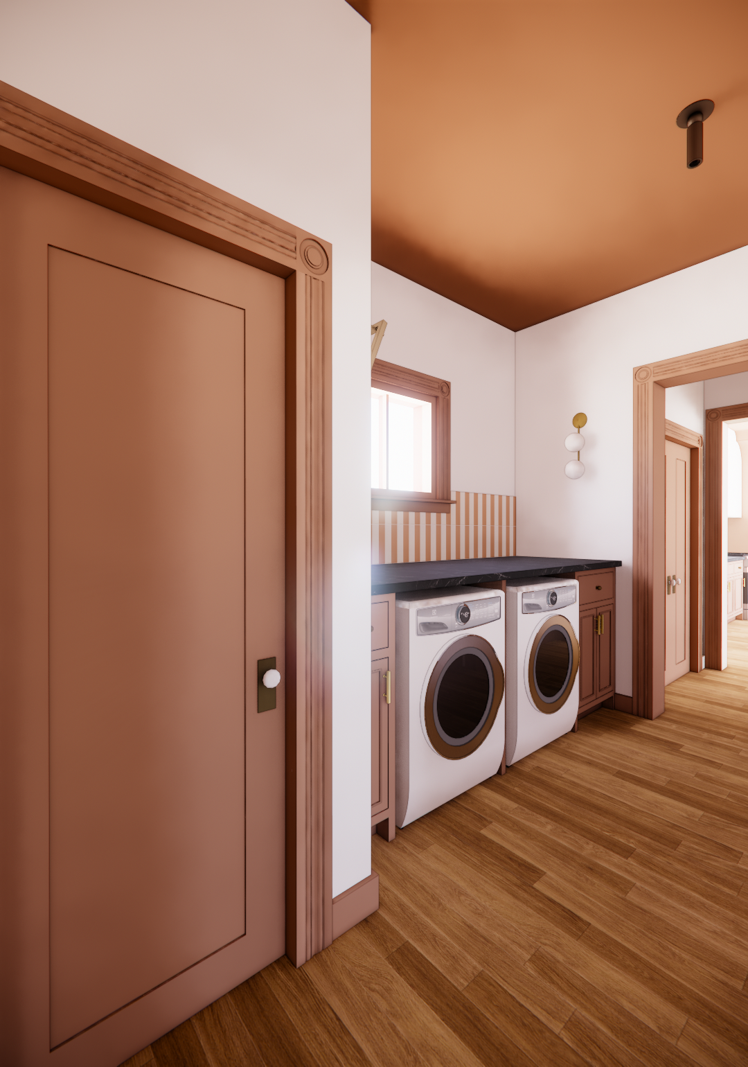 Open laundry area hallway with front-loading washing machine and dryer, wood floors, terracotta cabinets, and a window with striped tile backsplash and jet mist granite dark countertoprs.