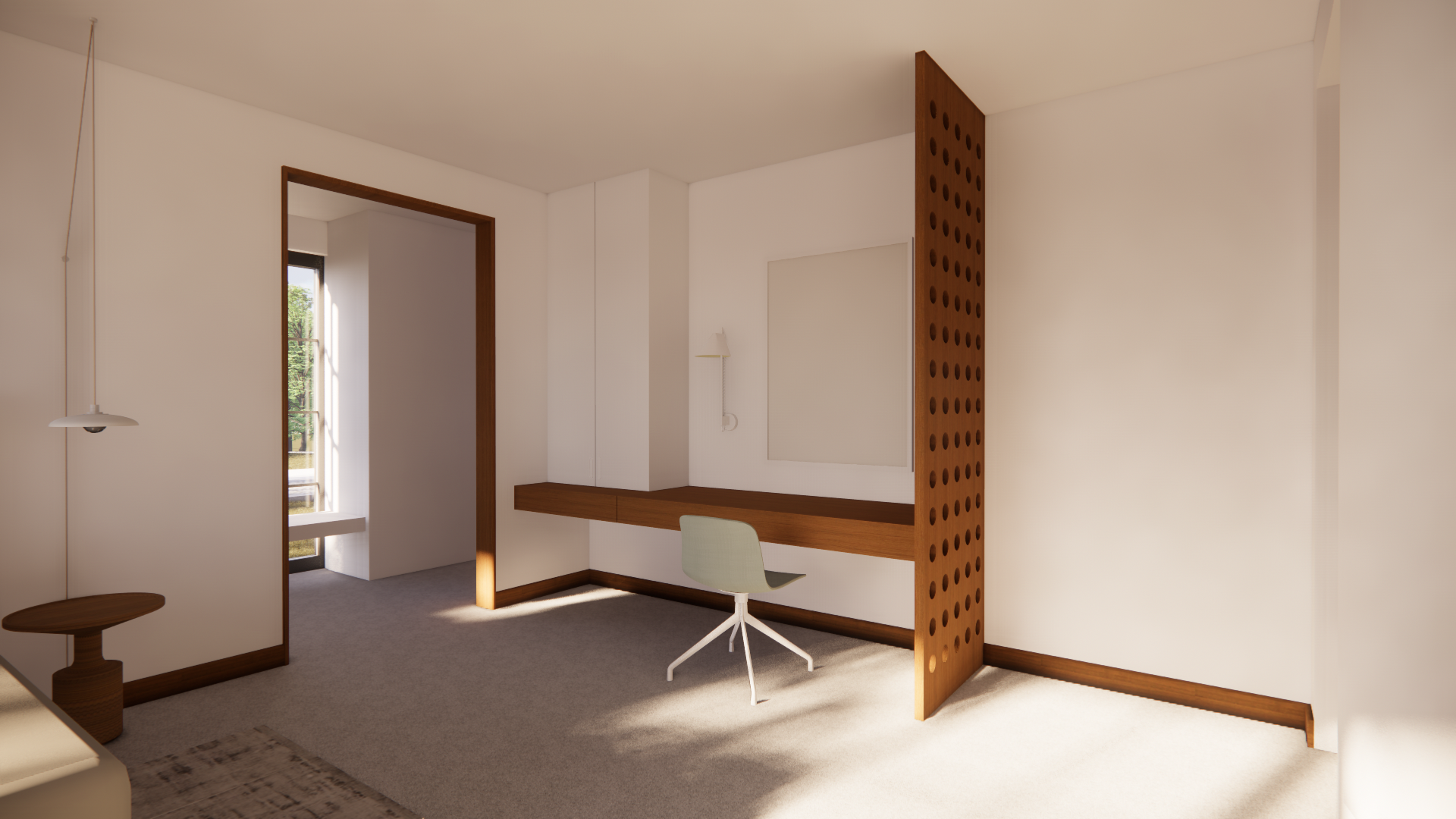 Minimalist home office with white walls, wooden accents, a corner desk with a chair, a wall-mounted lamp, and a window allowing natural light.