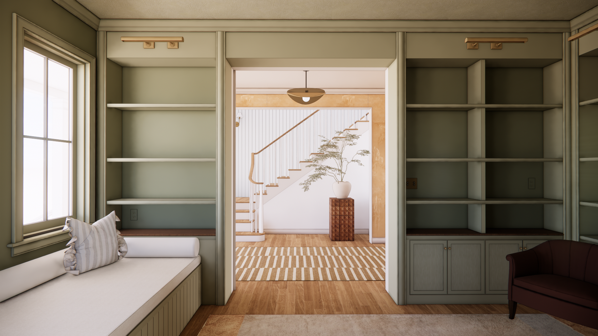 View of a cozy sitting area library with green built-in shelves, limewashed ceiling, a window seat with a striped pillow, and a maroon armchair, leading to a hallway with stairs and a plant pedestal.