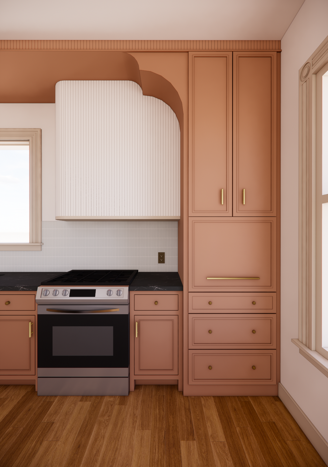 Close-up view of a kitchen with terracotta cabinets, black jet mist granite countertop, white kit-kat tiled backsplash, a textured hood surround, and custom millwork arch details