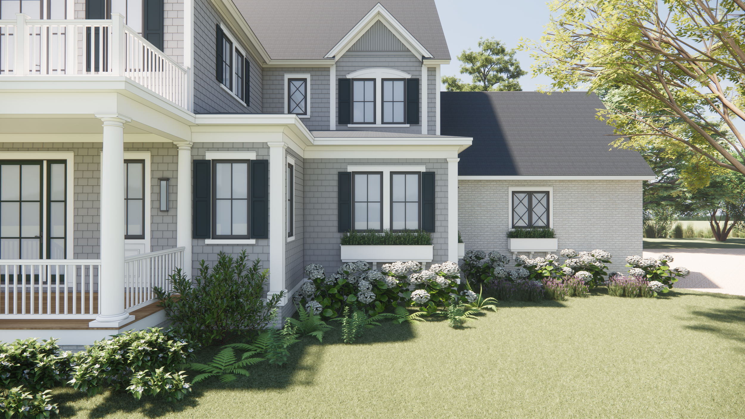Front view of a two-story Cape Cod inspired pearl gray house with white trim, hunter green shutters, and a garden with hydrangeas and other plants in the yard.