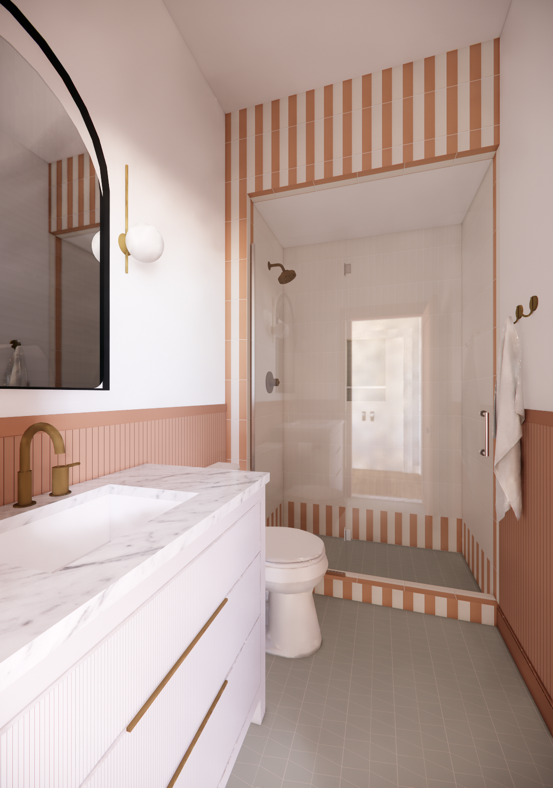 Modern bathroom with peach and white striped tile and glass enclosure