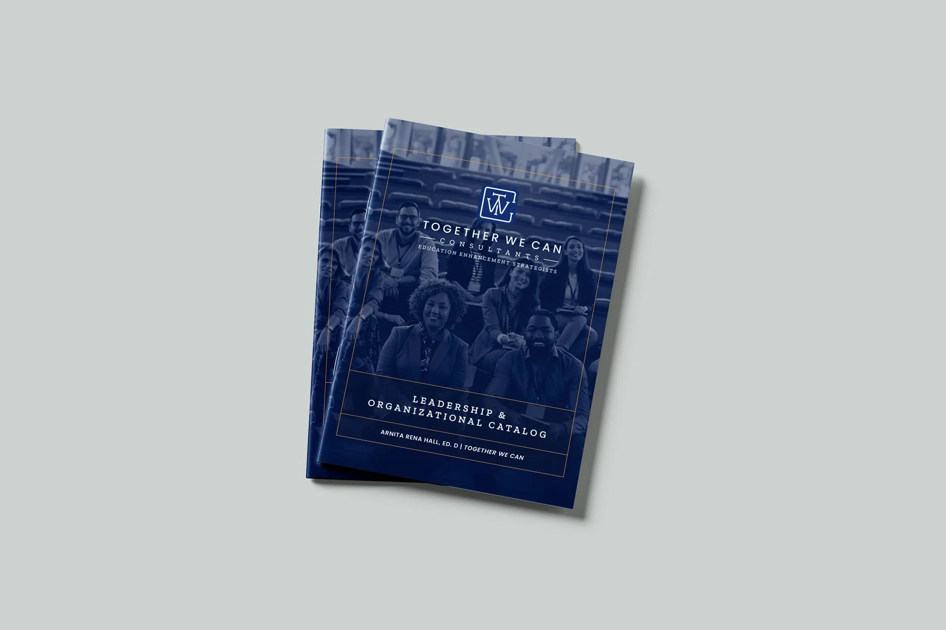Stack of blue brochures titled 'Together We Can Consultants' with a photo of diverse smiling people sitting on stadium seats.