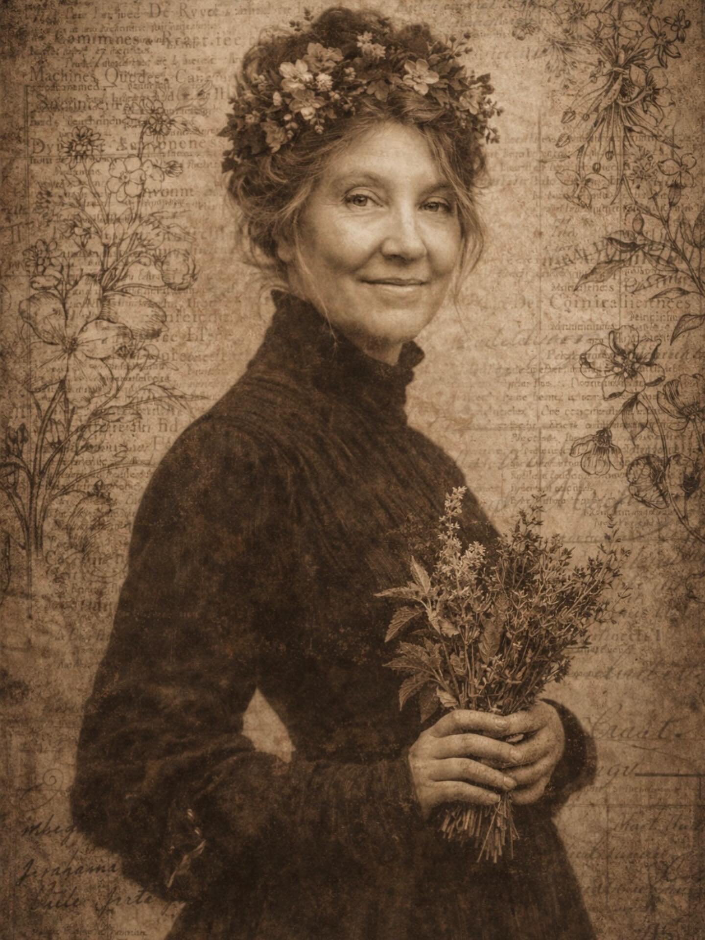 A sepia-toned vintage photograph of a woman with curly hair wearing a floral crown, holding a potted plant with flowers, with handwritten text and floral sketches in the background.