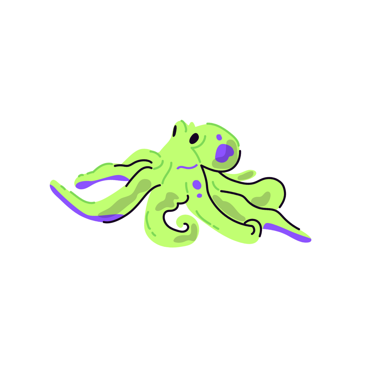 Cartoon green octopus with purple spots and big eyes