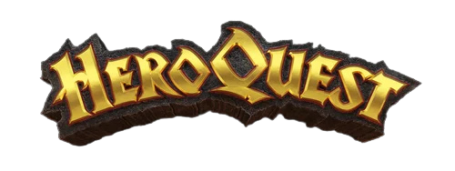 HeroQuest logo in gold and brown colors, with a fantasy-themed style.