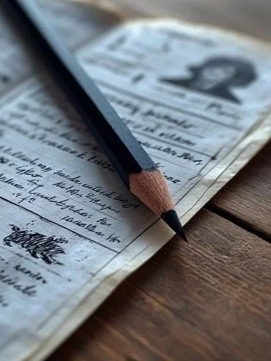 AI generated image of a character sheet on a wooden table with a pencil laying on top