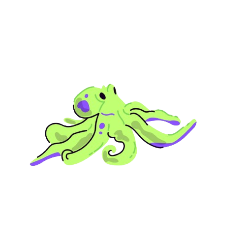 Cartoon green octopus with purple spots and big eyes