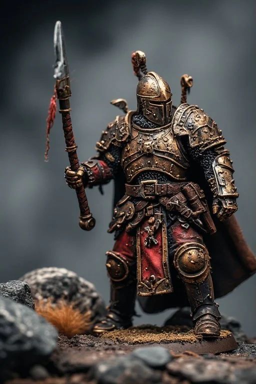 A detailed miniature figurine of a medieval armored knight holding a spear, standing on rocky terrain.