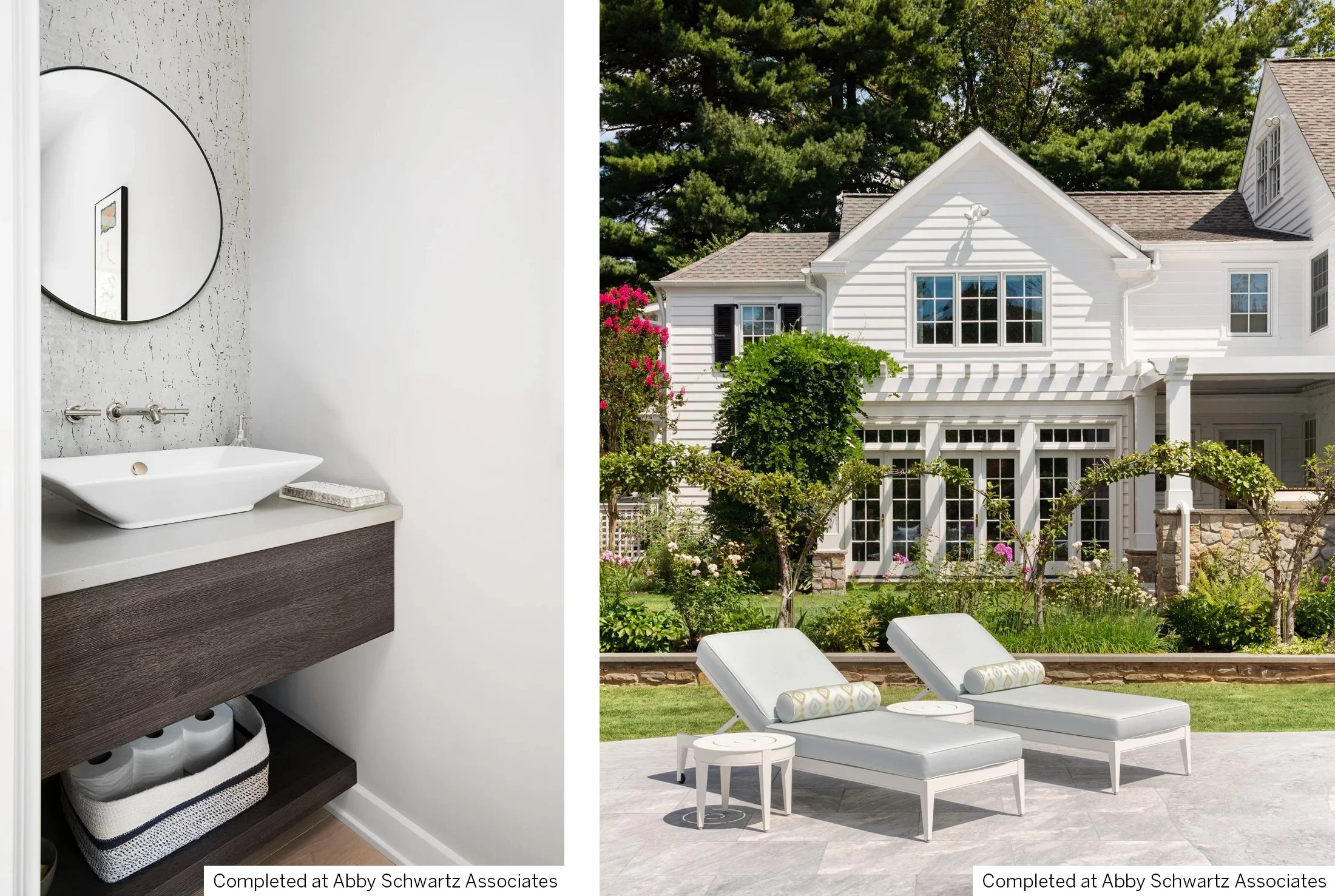 Interior of a modern bathroom with a rectangular vessel sink, round mirror, and organized storage beneath. Outside, a traditional white house with a manicured garden, patio furniture, and two lounge chairs.