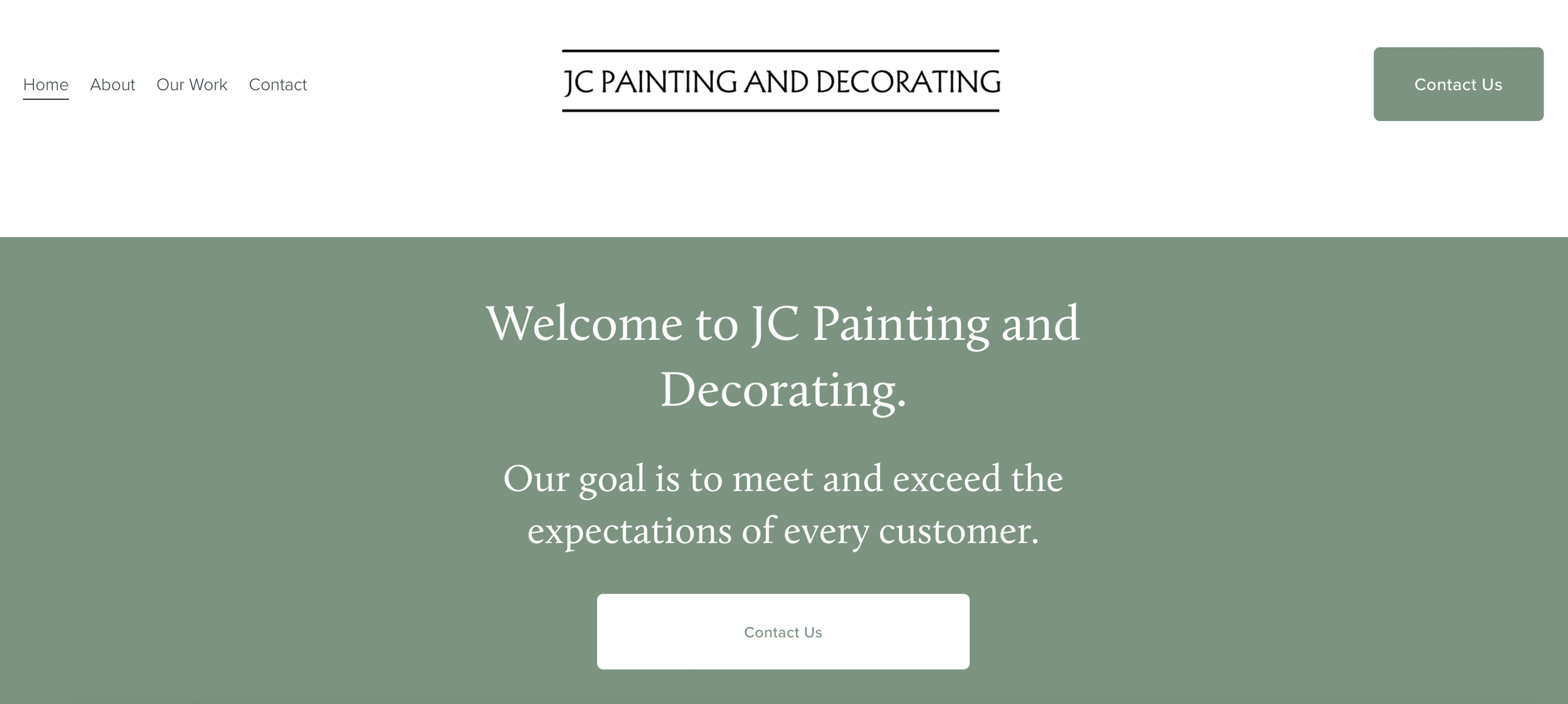 Homepage of JC Painting and Decorating featuring navigation menu, business logo, welcome message, and a contact button.