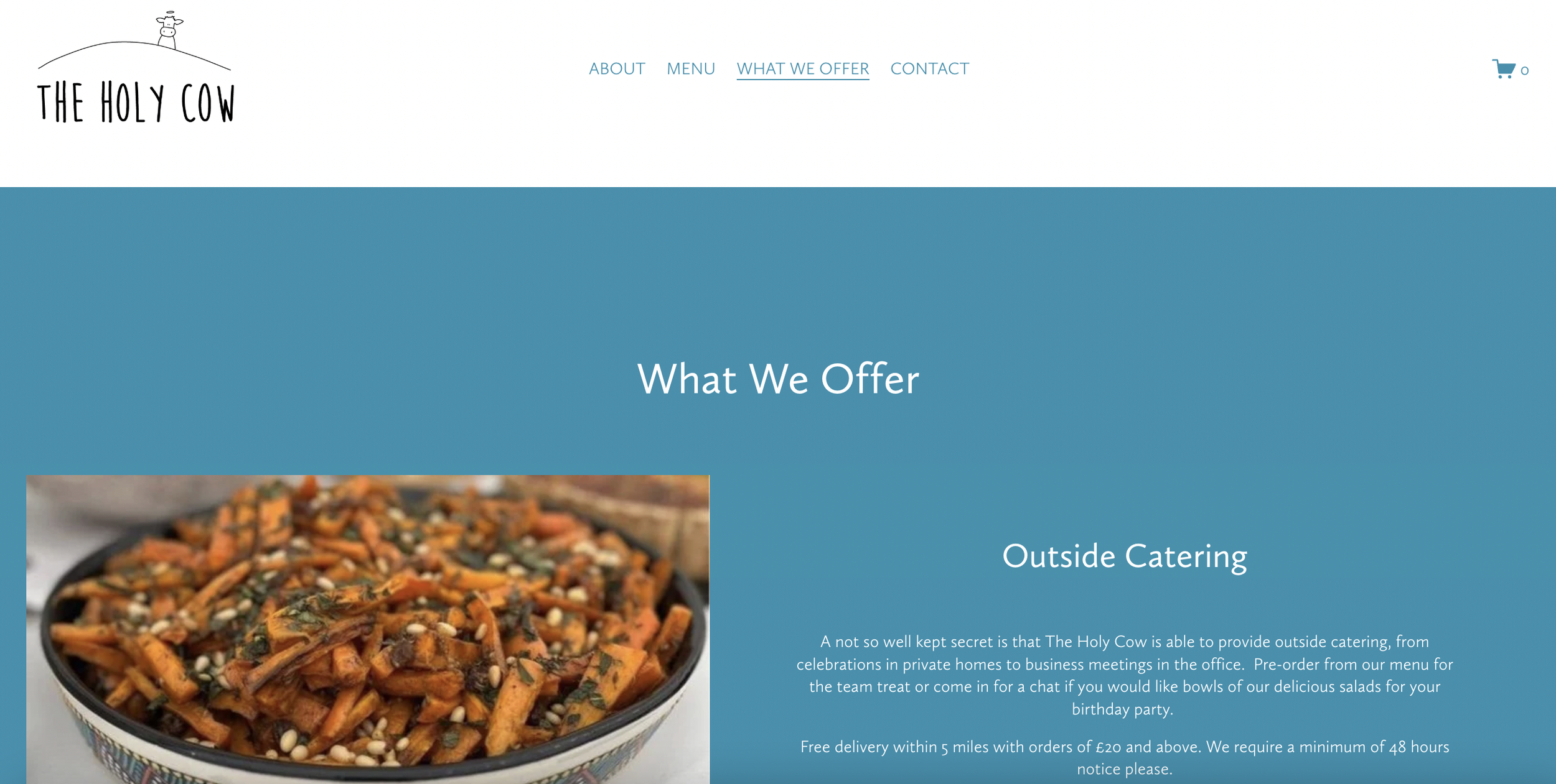 Website page titled "What We Offer" from The Holy Cow catering service, featuring an image of a salad bowl with chopped vegetables and seeds.