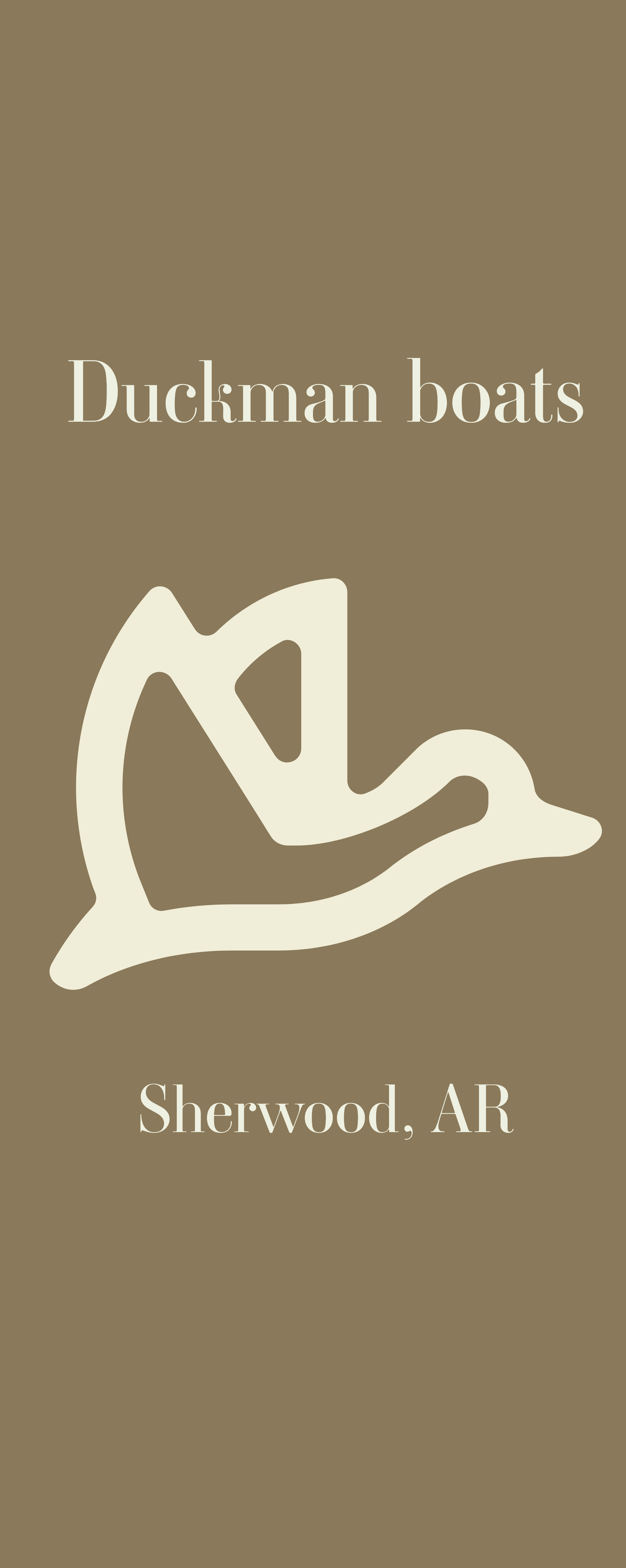 A sign for Duckman Boats in Sherwood, Arkansas, featuring a simple boat outline in beige on a brown background.