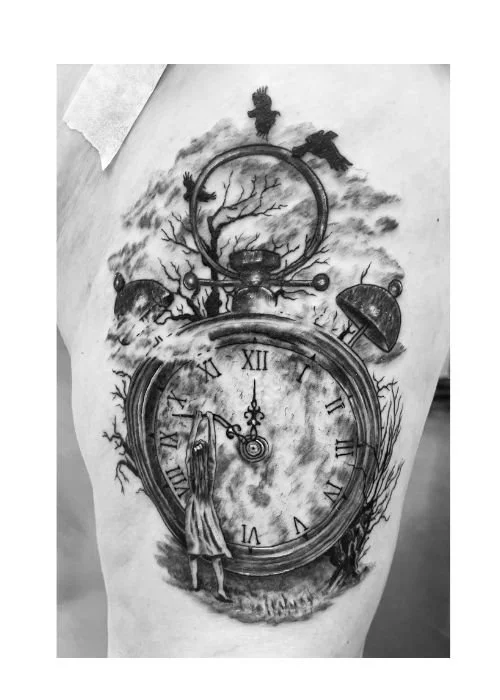 Clock and girl tattoo in shelton ct