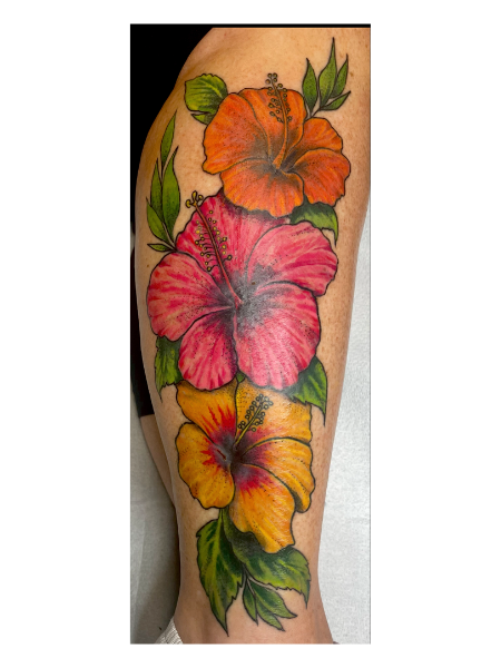 Hibiscus flowers tattoo on leg in shelton ct
