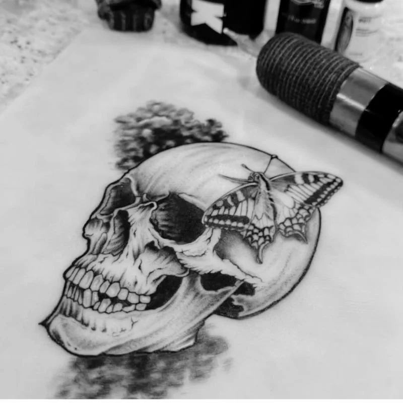 Black and white tattooed skull on latex in shelton ct