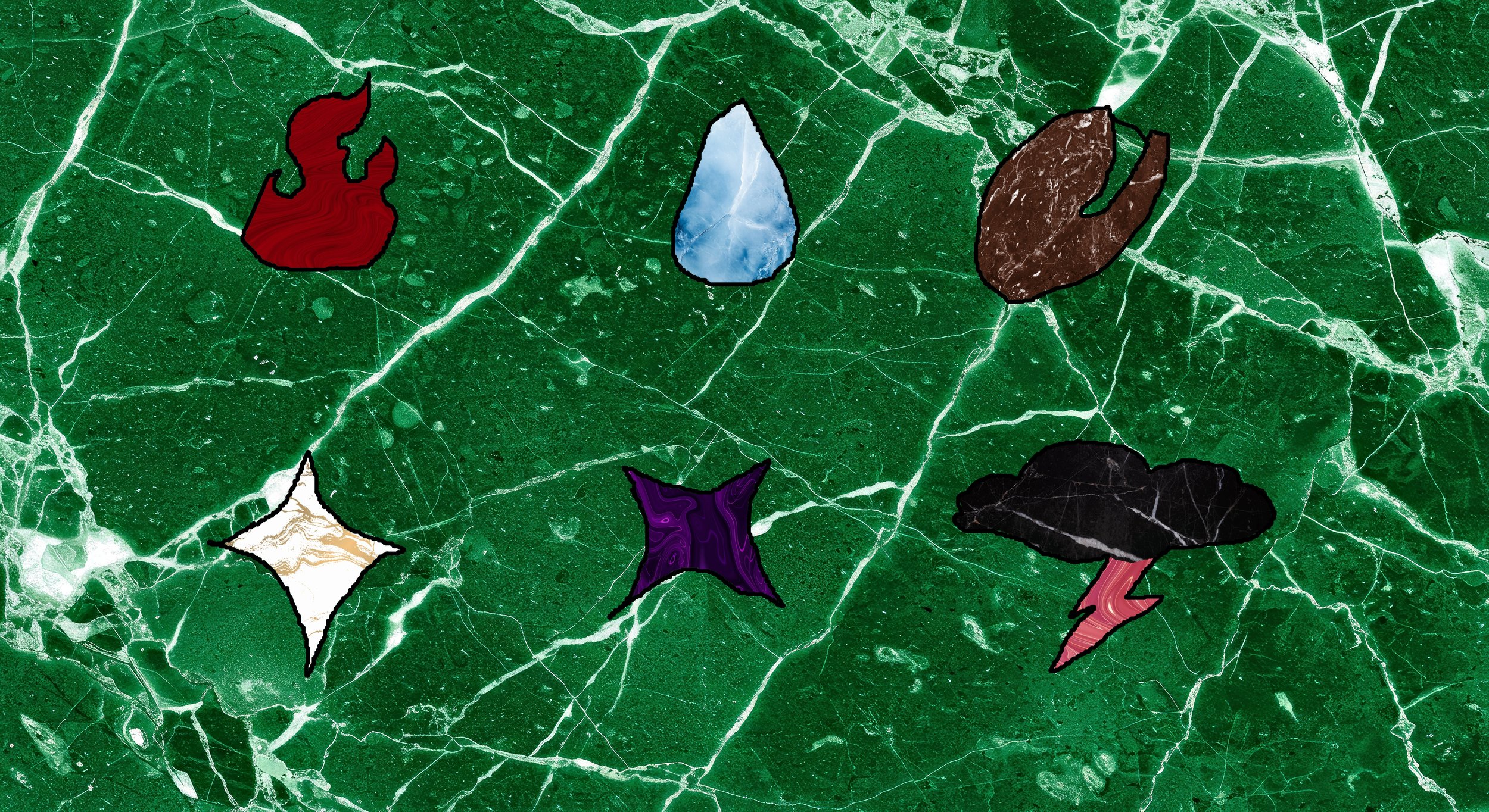 Collection of colorful, irregularly shaped stones on a green marble surface.