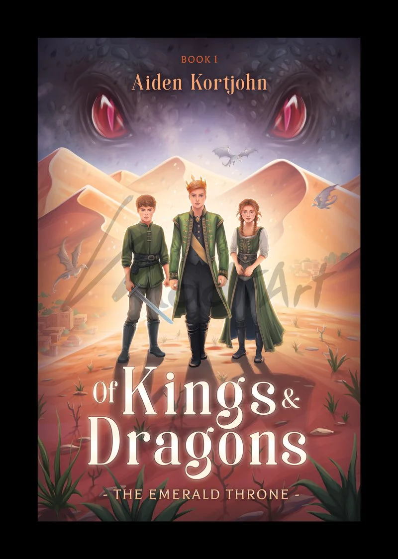 Book cover for "Of Kings & Dragons: The Emerald Throne" by Aiden Kortjohn featuring three young characters in medieval-style clothing standing on a desert landscape with mountains, large eyes of a dragon in the sky, and flying dragons in the background.